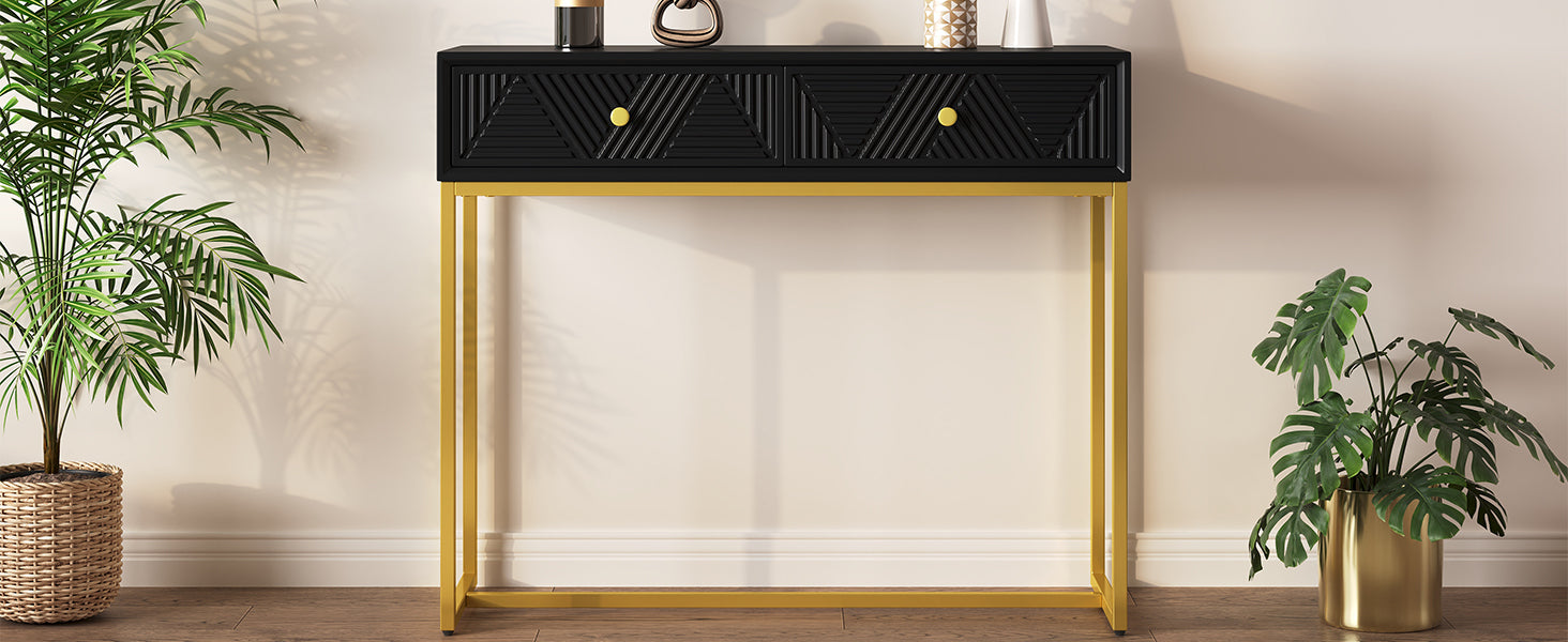 TREXM Modern Sleek Console Table Two Drawers with Stripe Design for Living Room and Entryway (Black) - Abrihome
