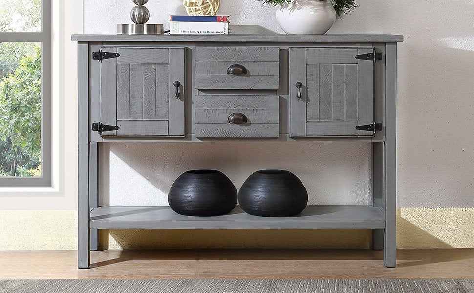 48'' Solid Wood Sideboard Console Table with 2 Drawers and Cabinets and Bottom Shelf, Retro Style Storage Dining Buffet Server Cabinet for Living Room Kitchen Dining Room(Antique Gray)