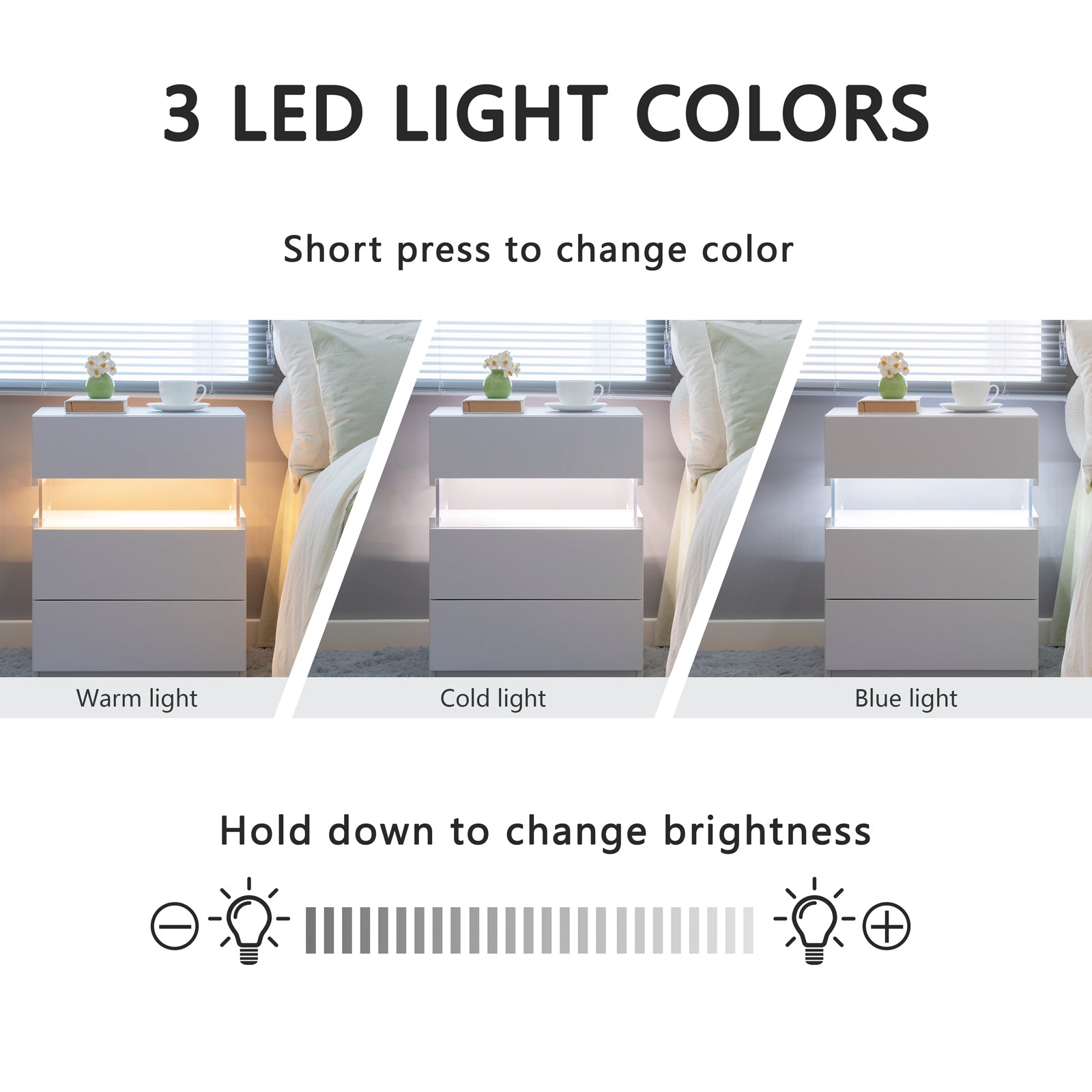 LED Nightstands 3 Drawer Dresser for Bedroom End Table with Acrylic Board LED Bedside Tables for Bedroom Living Room Bedside Furniture (White) - Abrihome