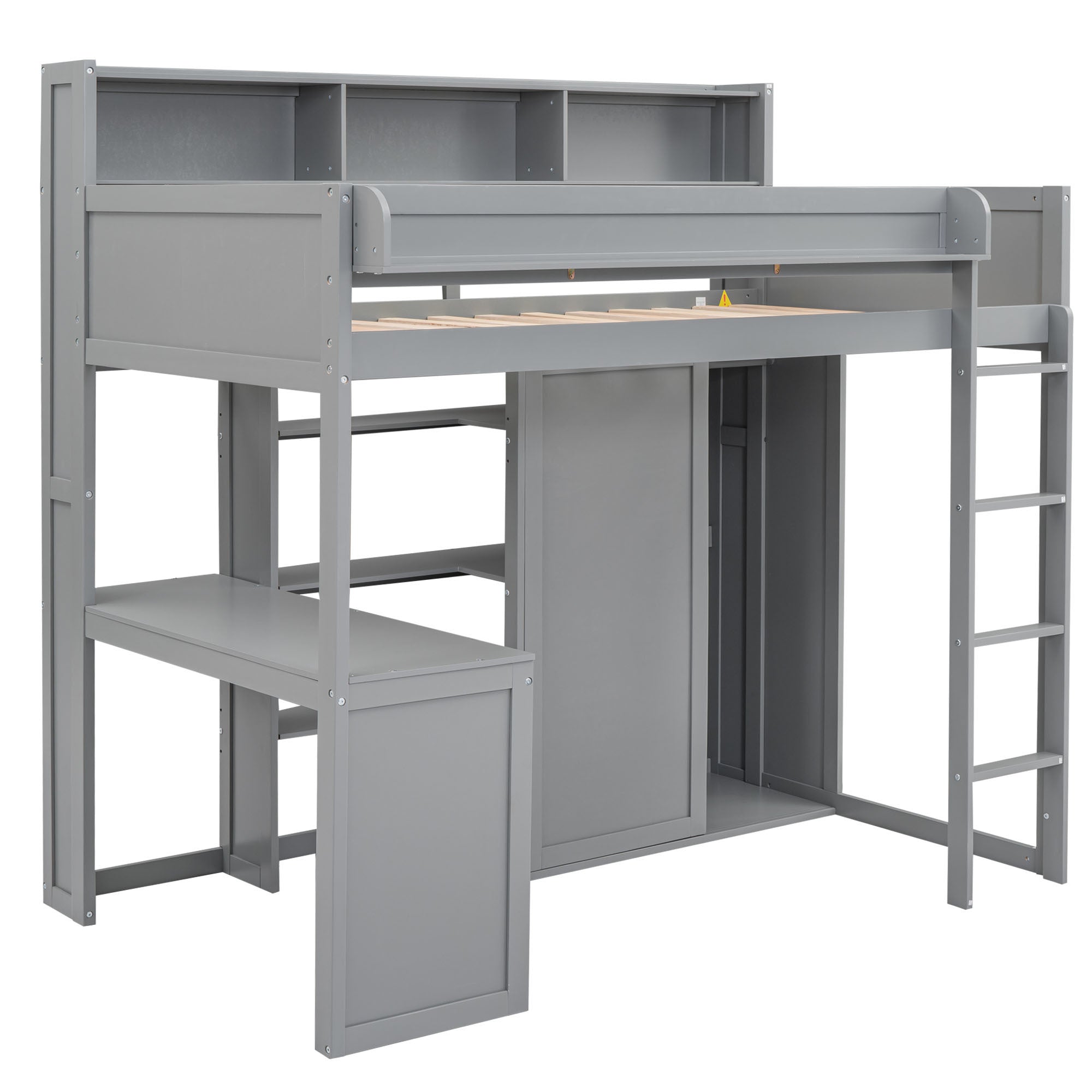 Wood Twin Size Loft bed with Multiple Storage Shelves and Wardrobe, Gray - Abrihome