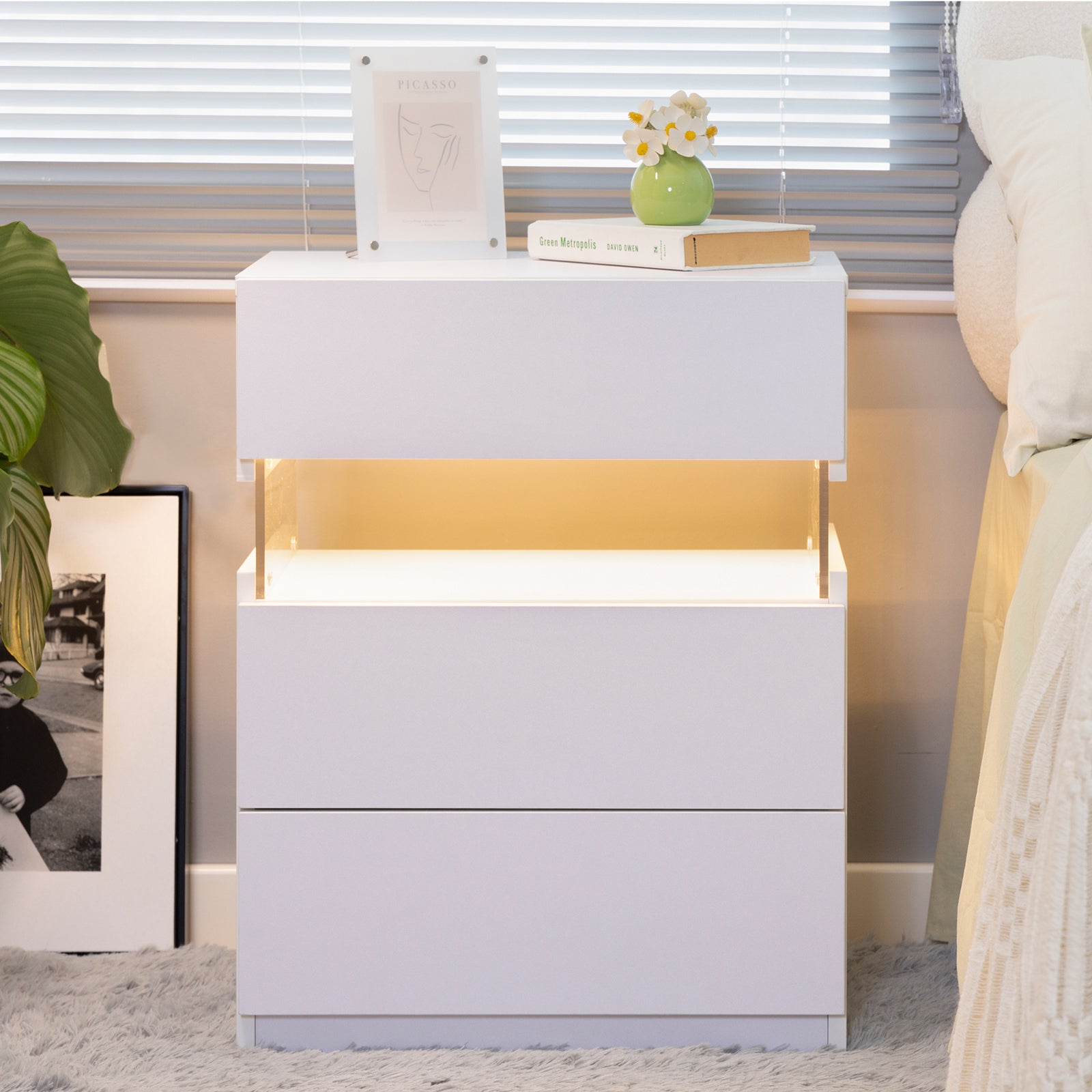 LED Nightstands 3 Drawer Dresser for Bedroom End Table with Acrylic Board LED Bedside Tables for Bedroom Living Room Bedside Furniture (White) - Abrihome
