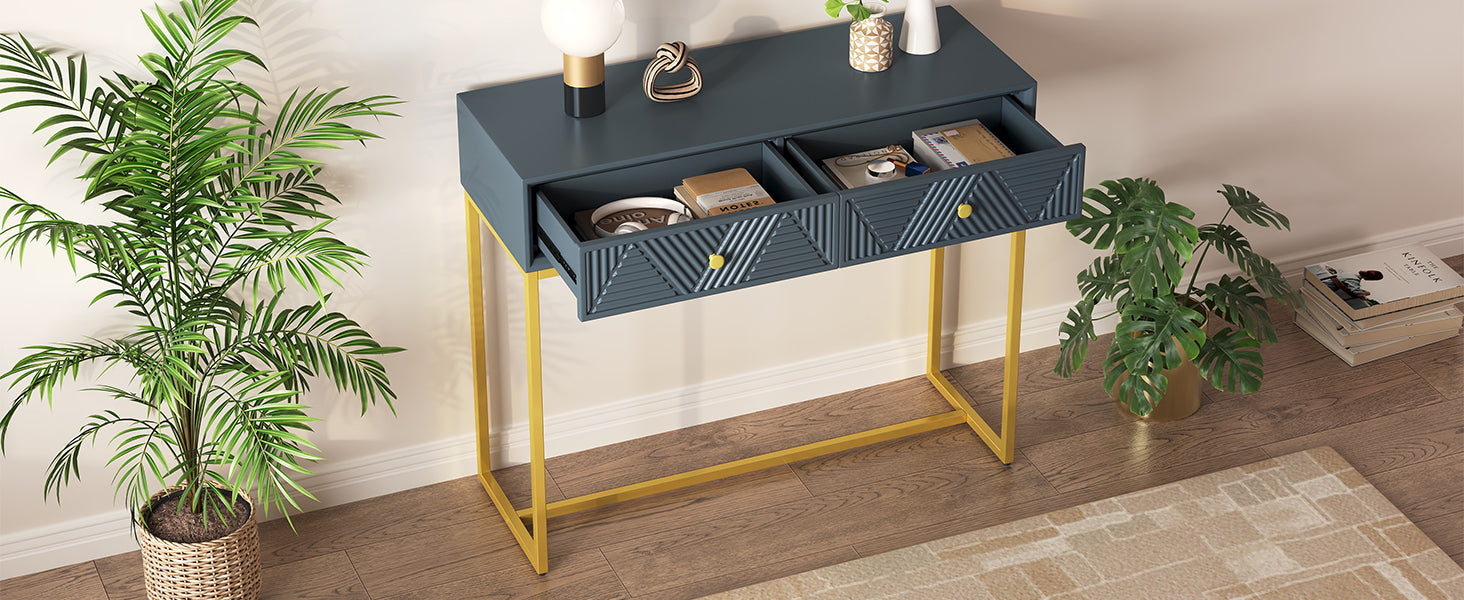 TREXM Modern Sleek Console Table Two Drawers with Stripe Design for Living Room and Entryway (Grey) - Abrihome