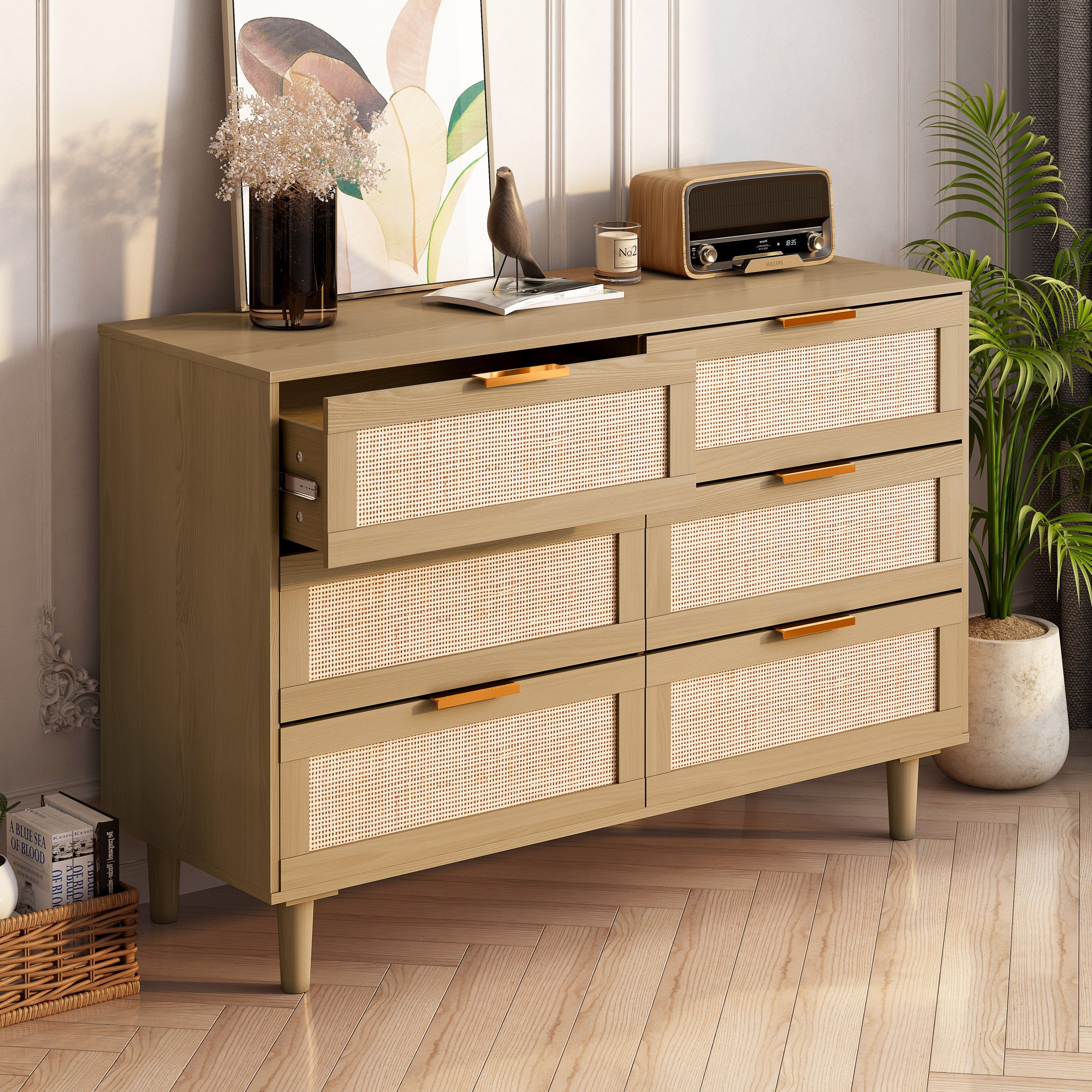 6 drawers Rattan dresser Rattan Drawer, Bedroom,Living Room - Abrihome