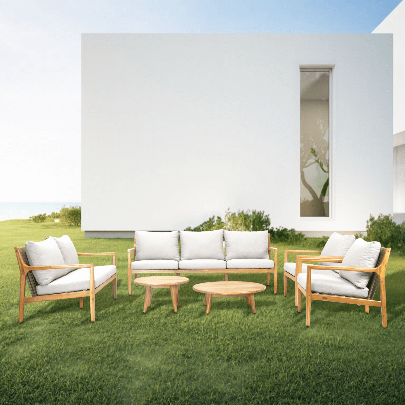 Natural Acacia Wood Outdoor Seating Set – 6-Piece Rustic Patio Sofa & Table Collection(PAS-2513-3SC+2SC+SC*2+TA+ST) - Abrihome