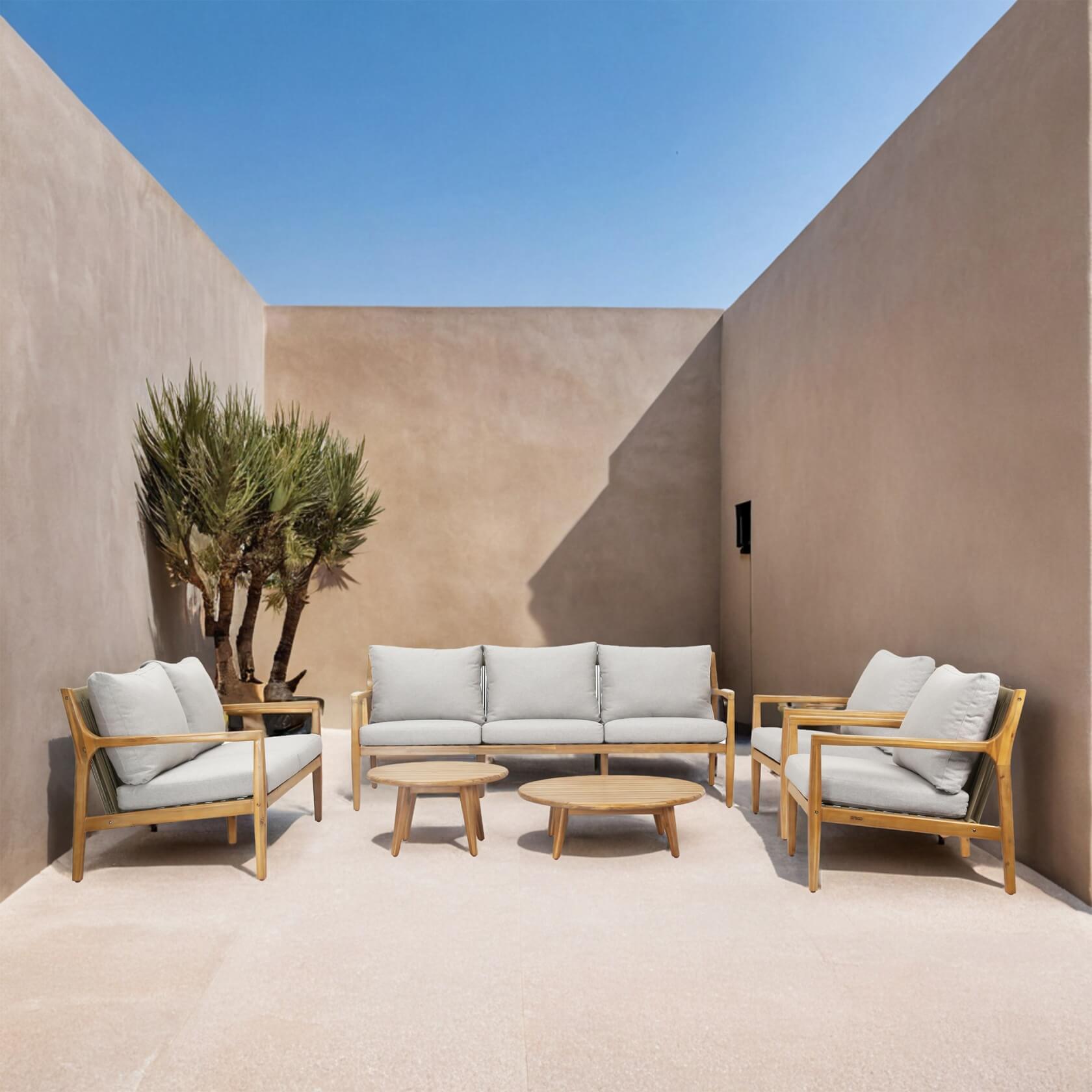 Natural Acacia Wood Outdoor Seating Set – 6-Piece Rustic Patio Sofa & Table Collection(PAS-2513-3SC+2SC+SC*2+TA+ST) - Abrihome