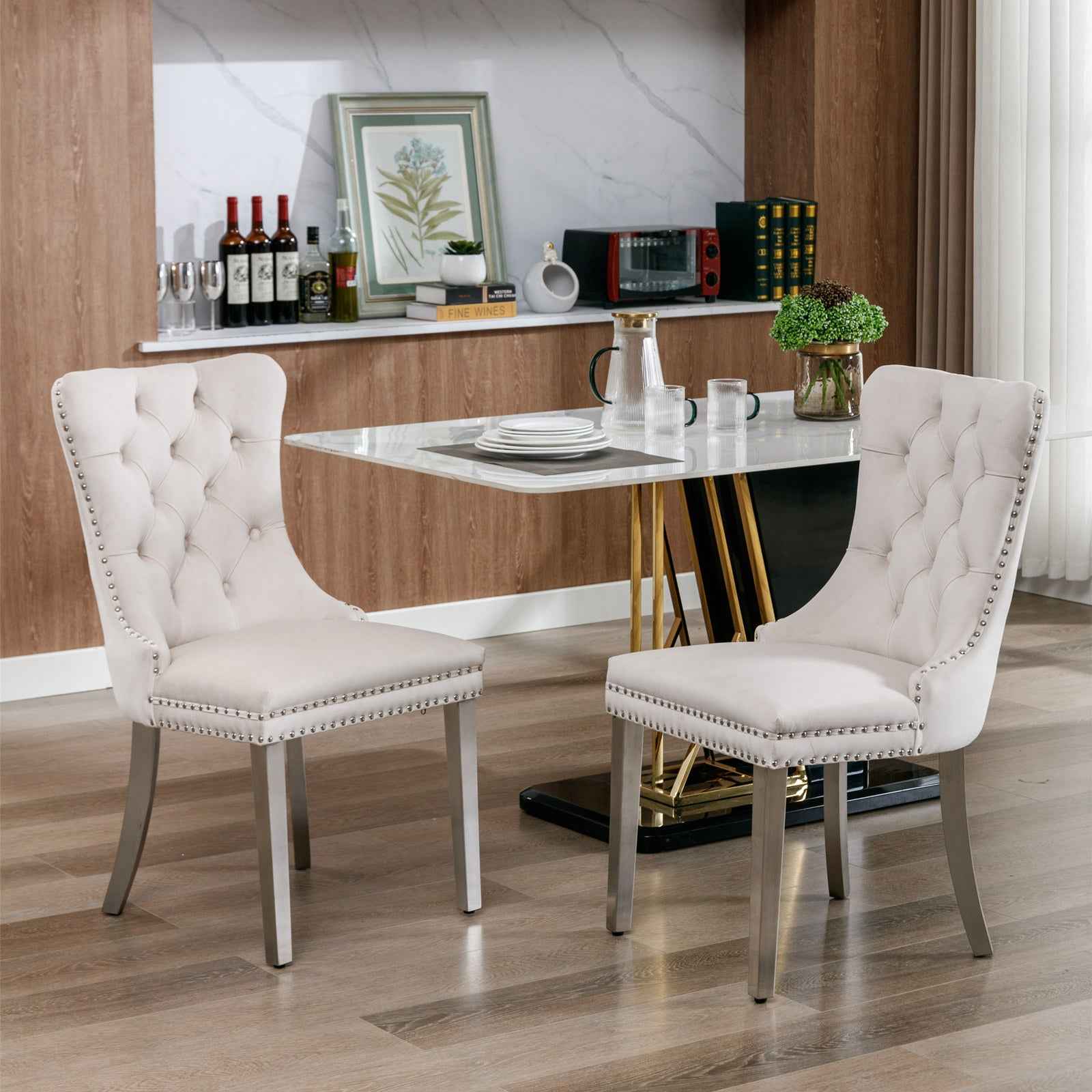 Nikki Collection Modern, High-end Tufted Solid Wood Contemporary Velvet Upholstered Dining Chair with Chrome Stainless Steel Plating Legs,Nailhead Trim,Set of 2,Beige and Chrome, SW1701BG