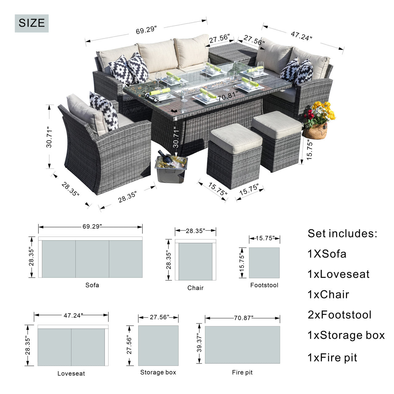 6-Piece Patio Fire Pit Conversation Set with Rectangular Table(PAS-1403B+1106R) - Abrihome
