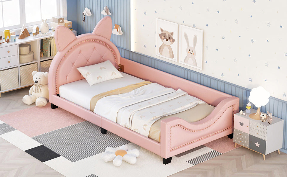 Twin Size Upholstered Daybed with Carton Ears Shaped Headboard, Pink - Abrihome