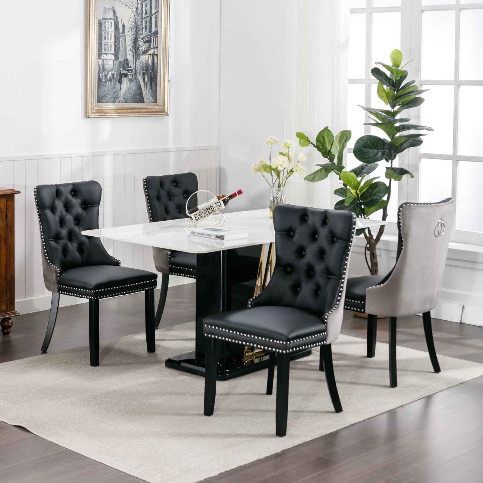 A&A Furniture,Nikki Collection Modern, High-end Tufted Solid Wood Contemporary PU and Velvet Upholstered Dining Chair with Wood Legs Nailhead Trim 2-Pcs Set,Black+Gray, SW2101BG