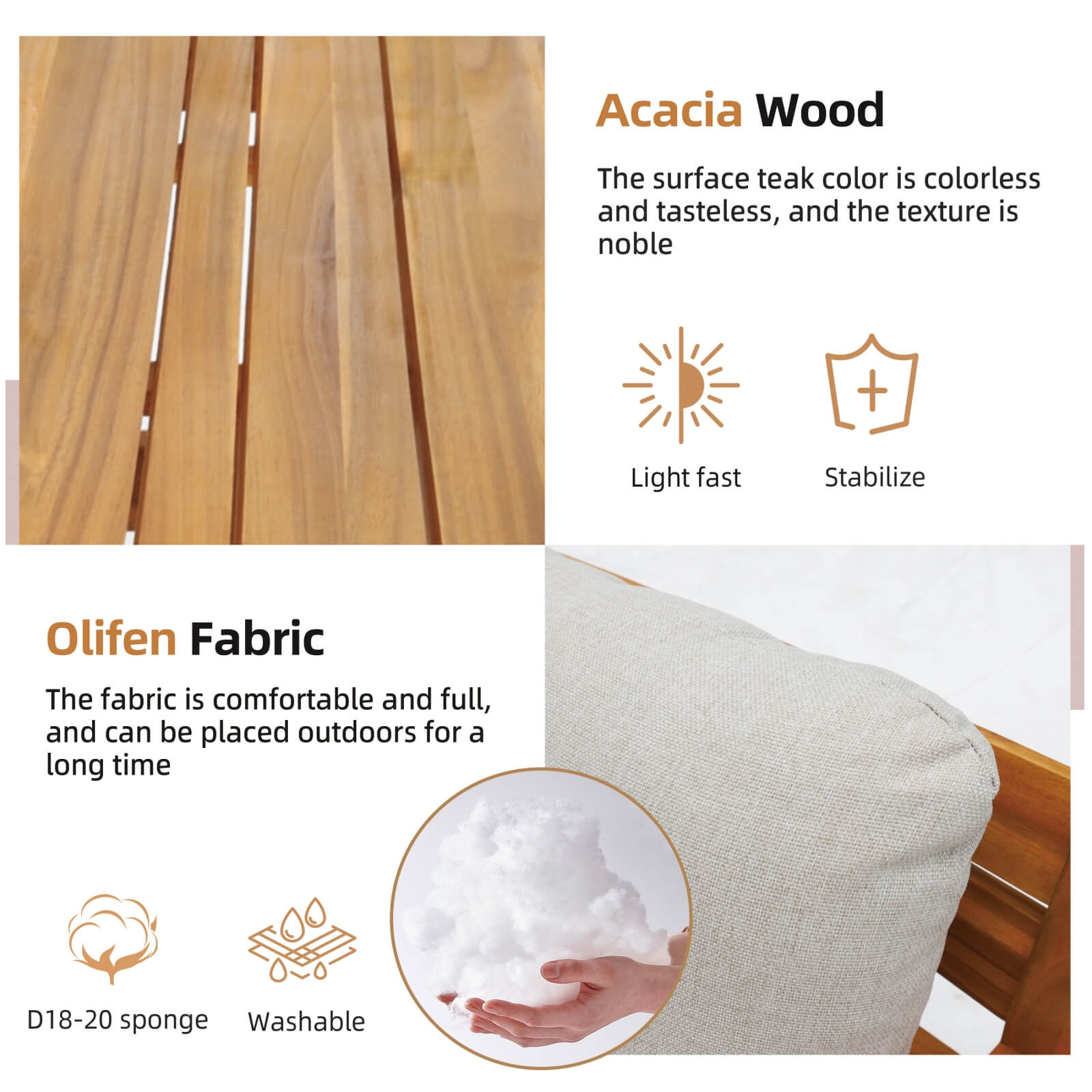 Teak-Look 5-Piece Patio Set with Plush Cushions(PAS-2520-19F-2SS+SS*2+TA+ST) - Abrihome