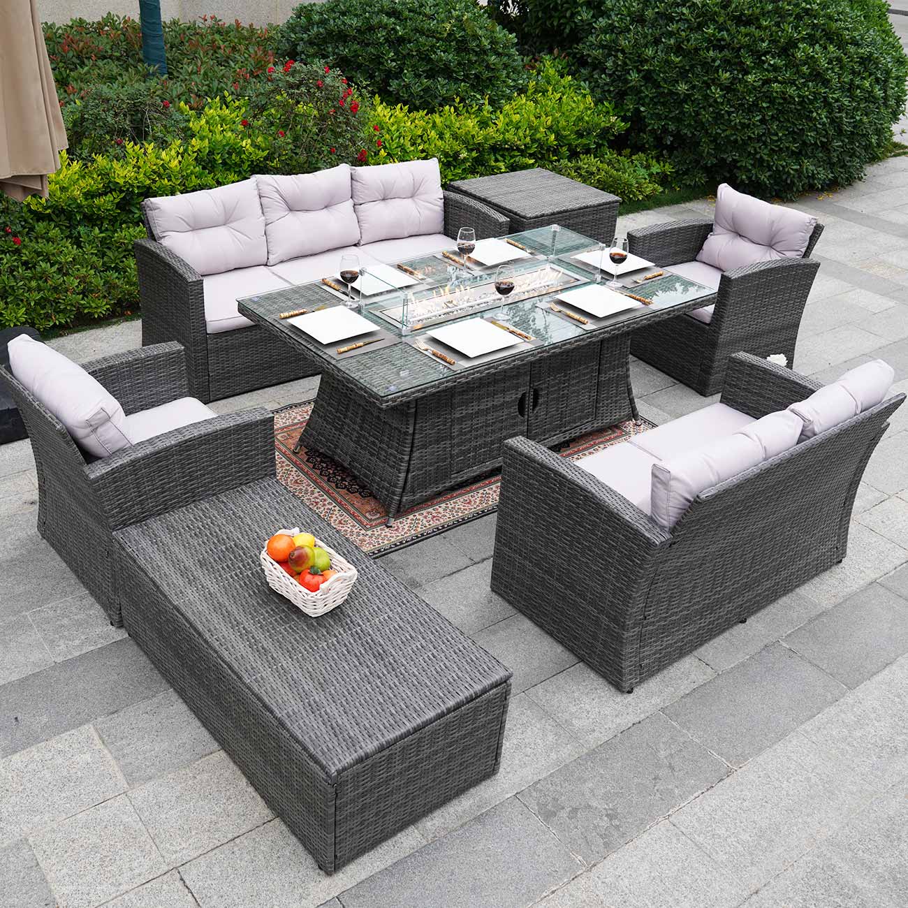 Abrihome Patio Furniture Sofa Set with Rectangular Fire Pit Glass Tabletop