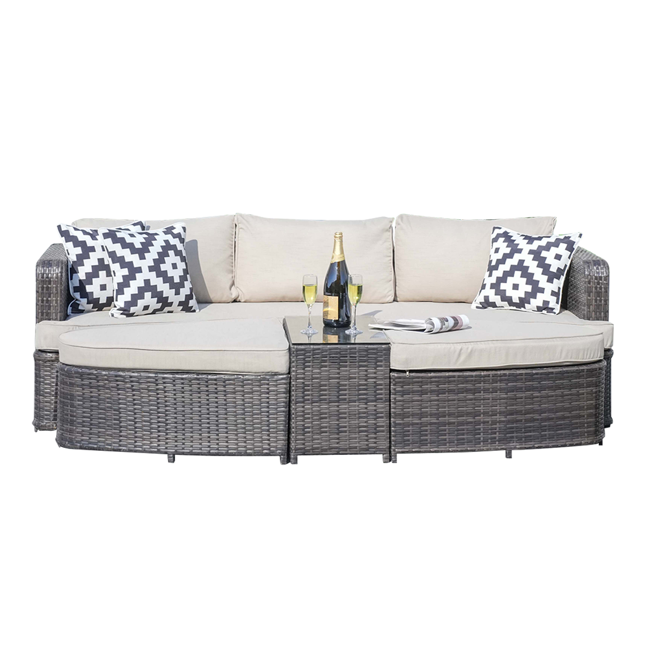 Garden Rattan Wicker Out Furniture Patio 4 Piece Deep Seating Group Daybed with Cushions - Abrihome PAL-1202