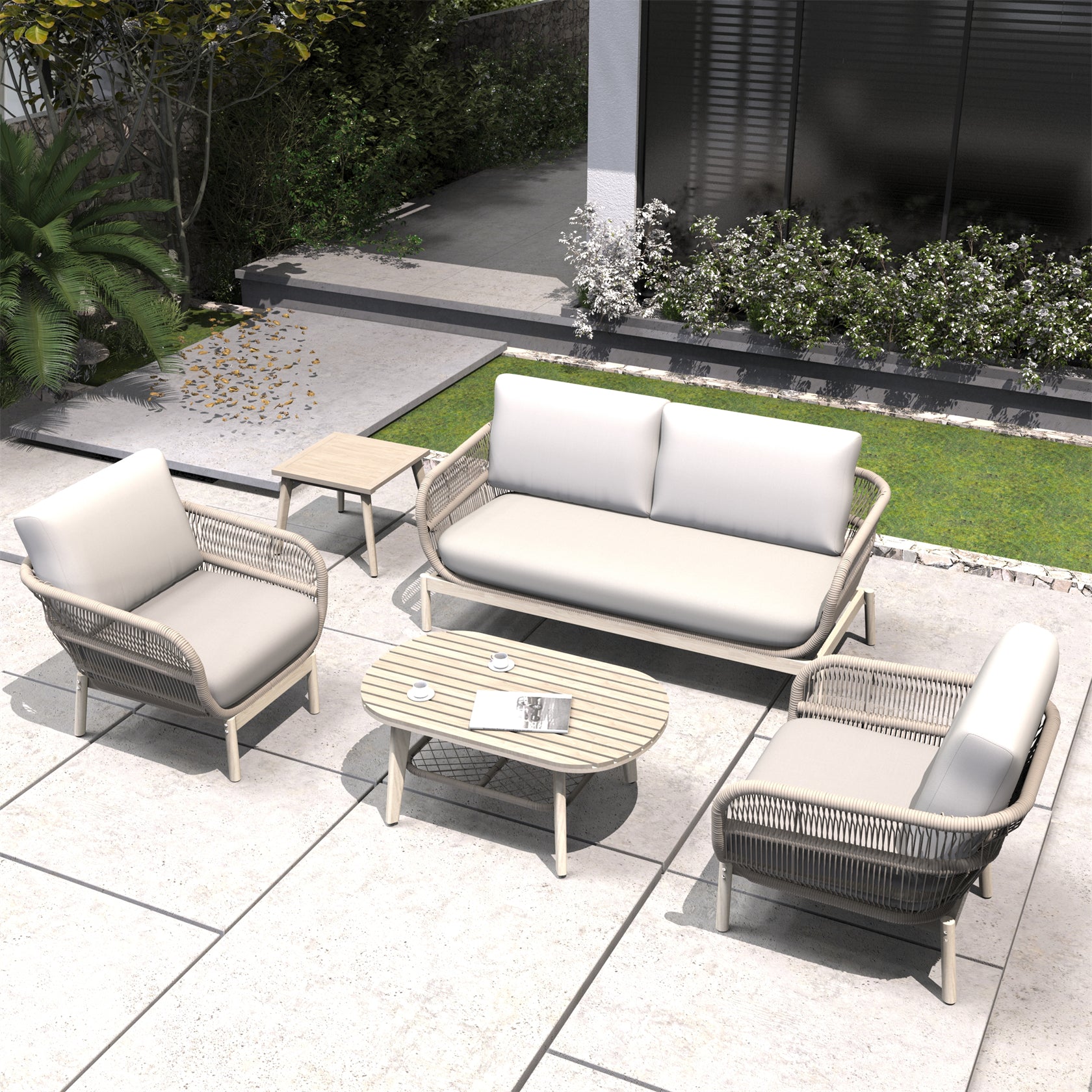 Woven Rope Acacia Wood Outdoor Chair & Bench Set (PAC-2524) - Abrihome