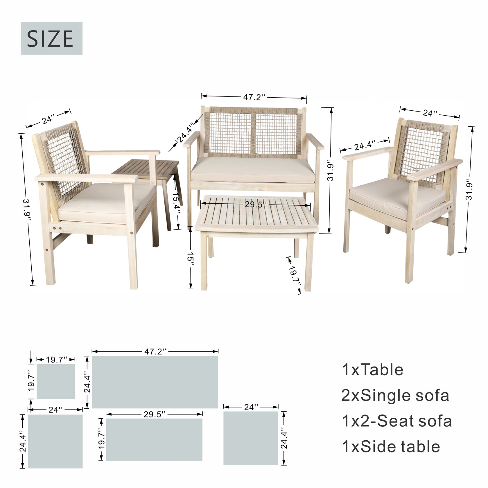 Comfort Outdoor Seating Set – Acacia Wood Frame with Rope Design & Cushions(PAC-2523) - Abrihome