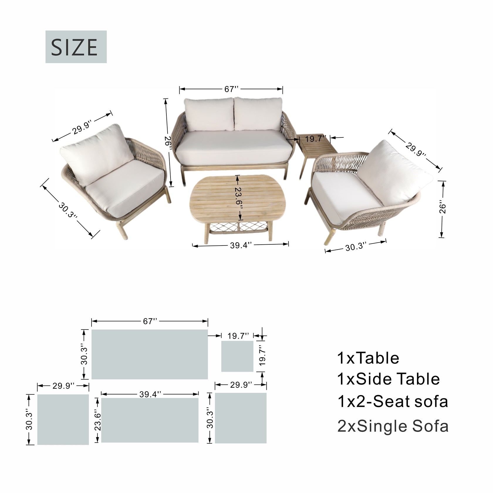 Woven Rope Acacia Wood Outdoor Chair & Bench Set (PAC-2524) - Abrihome