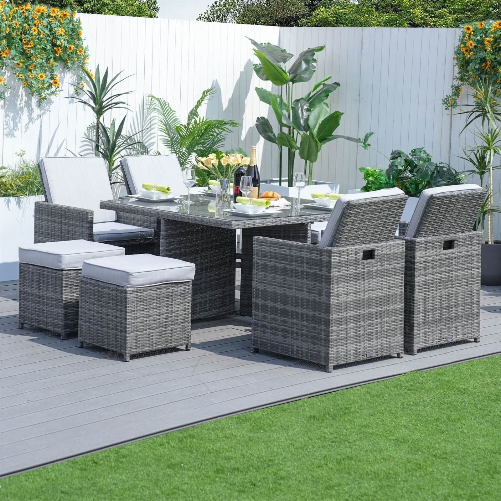 8-Seat Outdoor Dining Set with Cube Table and Ottomans (PAD-3233B) - Abrihome
