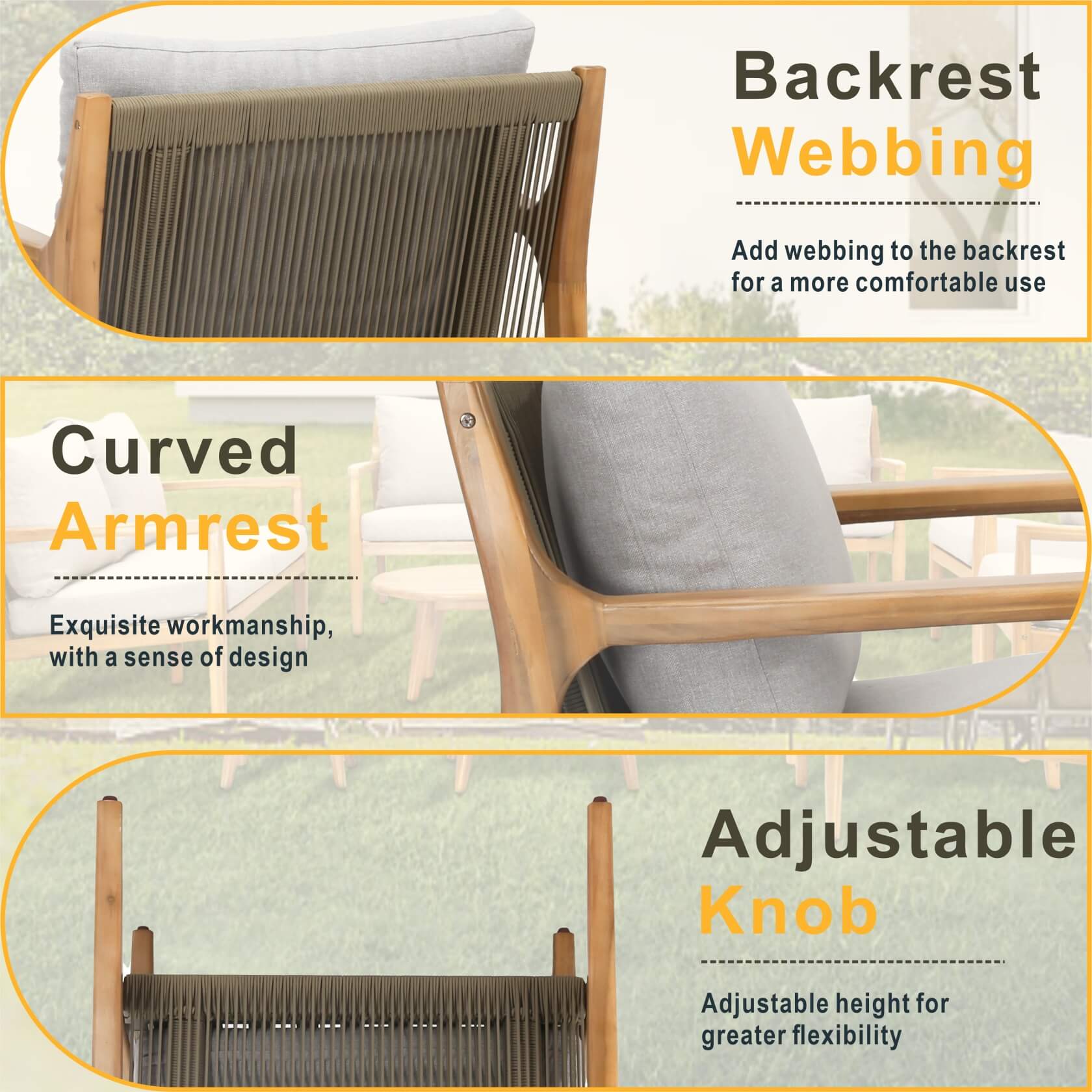 Teak-Color 5-Person Outdoor Sofa Set with Cushions (PAS-2513-3SC+SC*2+TA) - Abrihome