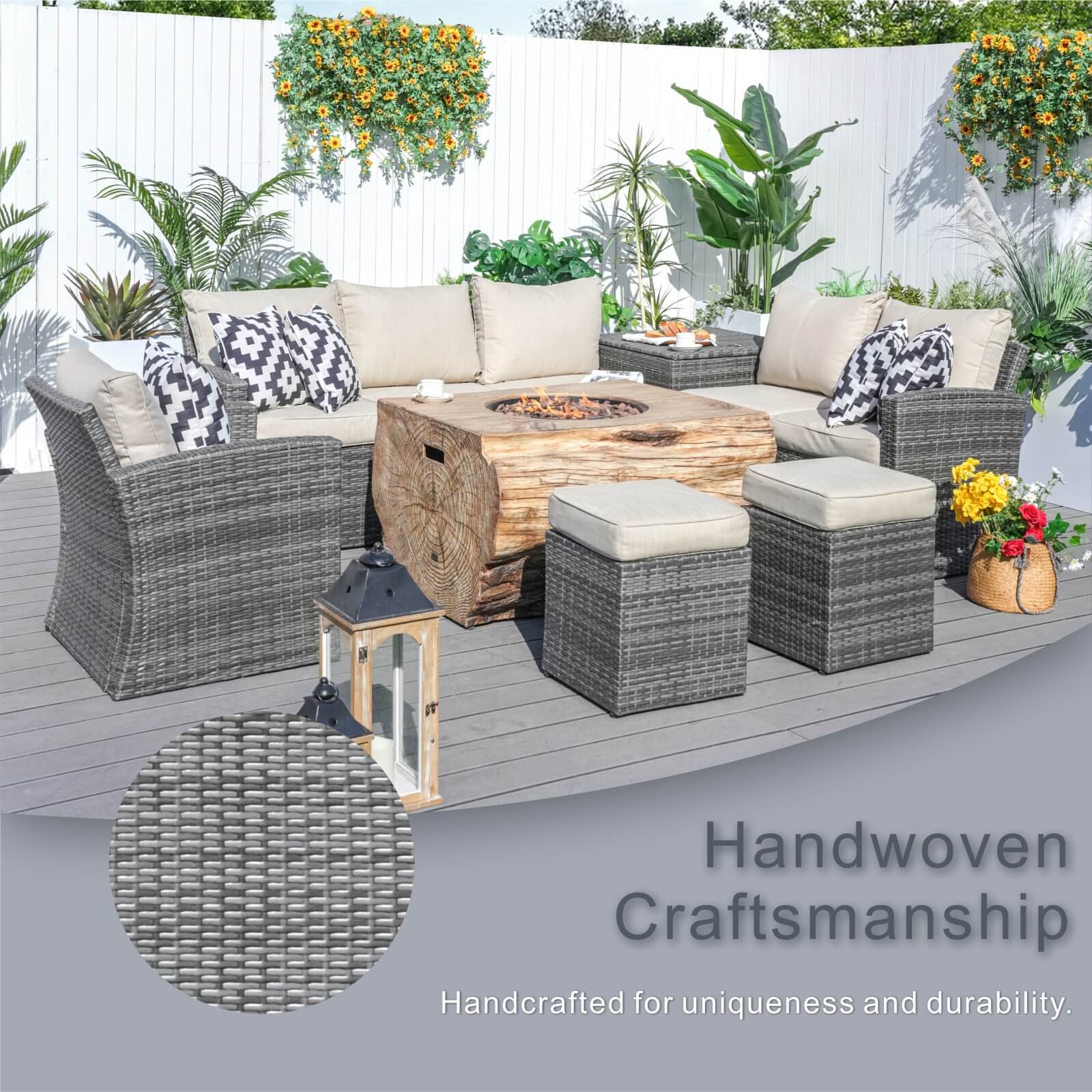 7-Piece Outdoor Fire Pit Set with TerraFlame Rectangle Table(PAG-1403B+2170) - Abrihome