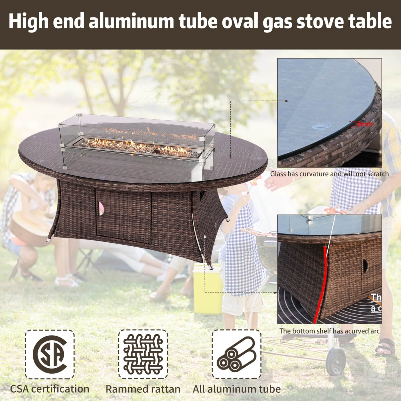 6-Seat Brown Outdoor Fire Pit Dining Set with Oval Gas Fire Pit Table(PAG-1106O-SET) - Abrihome