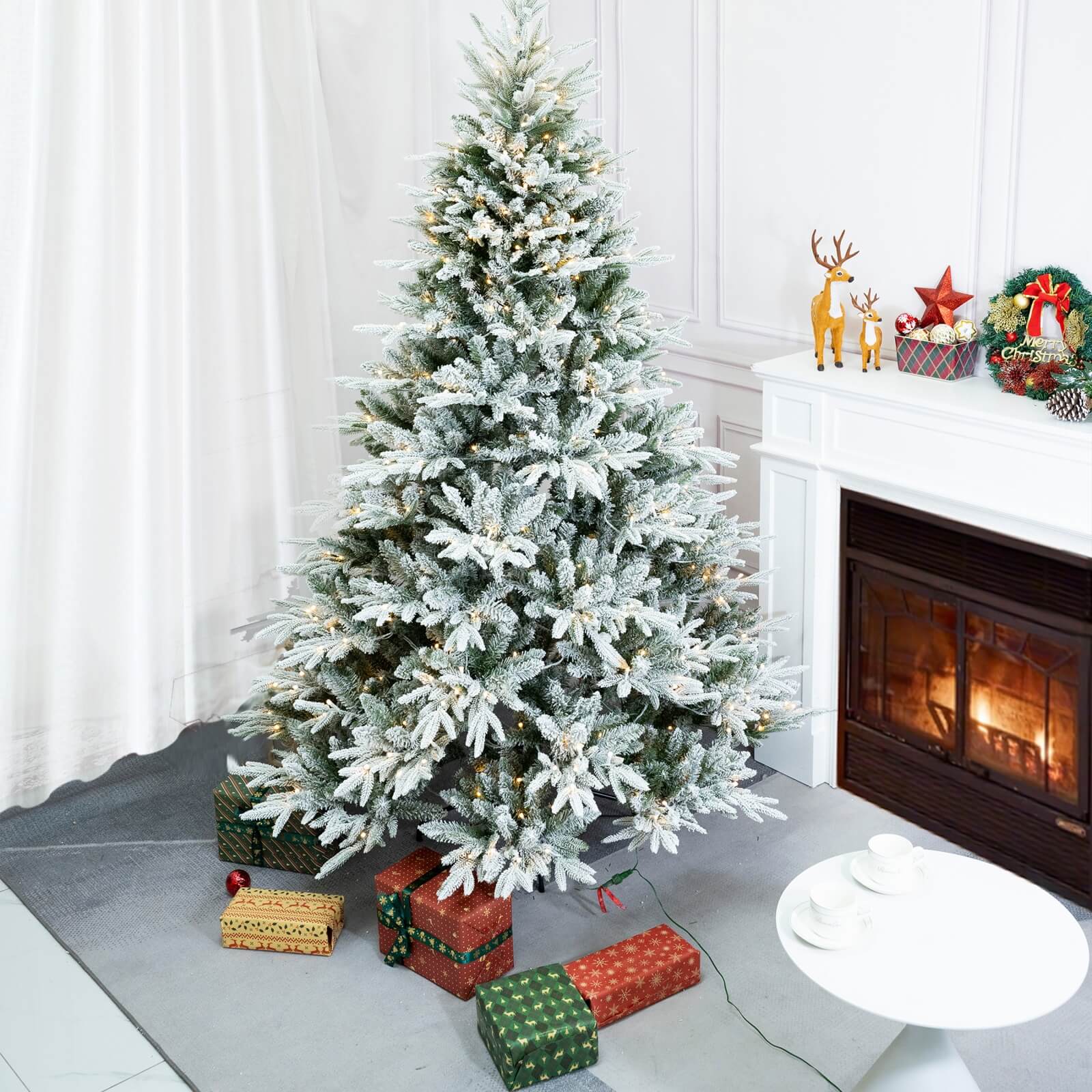 7FT Snow-Flocked Christmas Tree with Optional 500 LED Lights(PJT-2506-7FT)