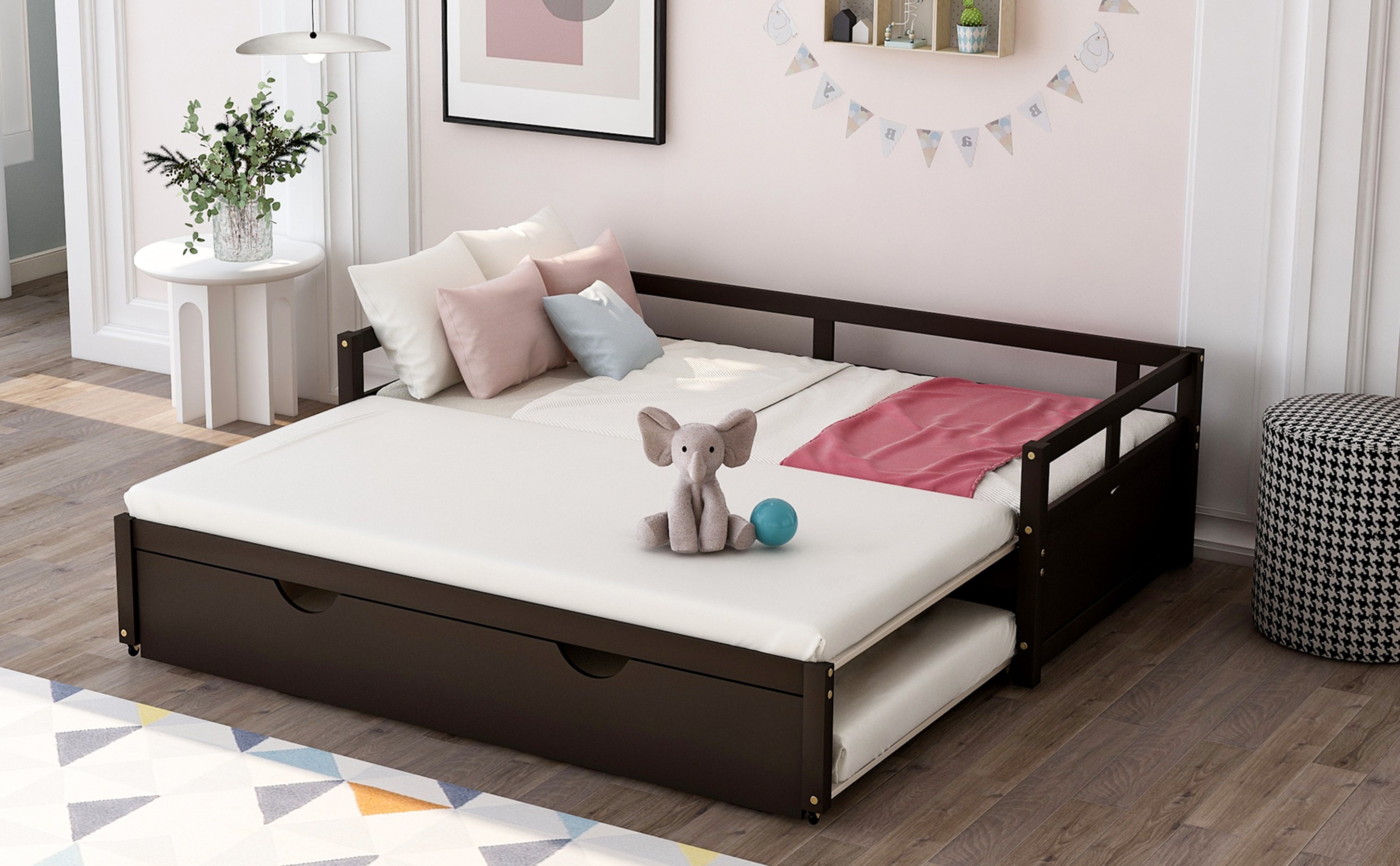 Extending Daybed with Trundle, Wooden Daybed with Trundle, Espresso - Abrihome