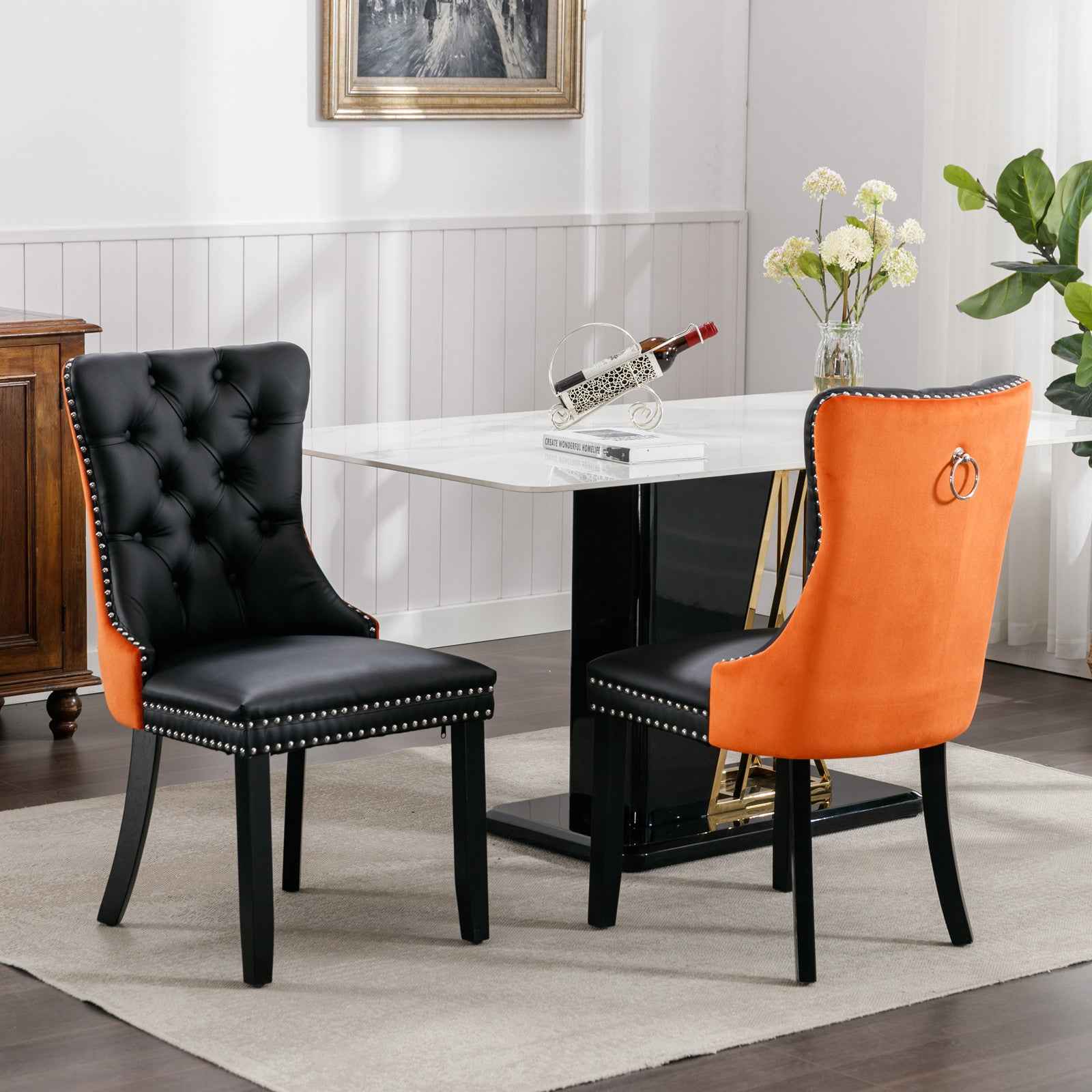 A&A Furniture,Nikki Collection Modern, High-end Tufted Solid Wood Contemporary PU and Velvet Upholstered Dining Chair with Wood Legs Nailhead Trim 2-Pcs Set,Black+Orange, SW2101BO