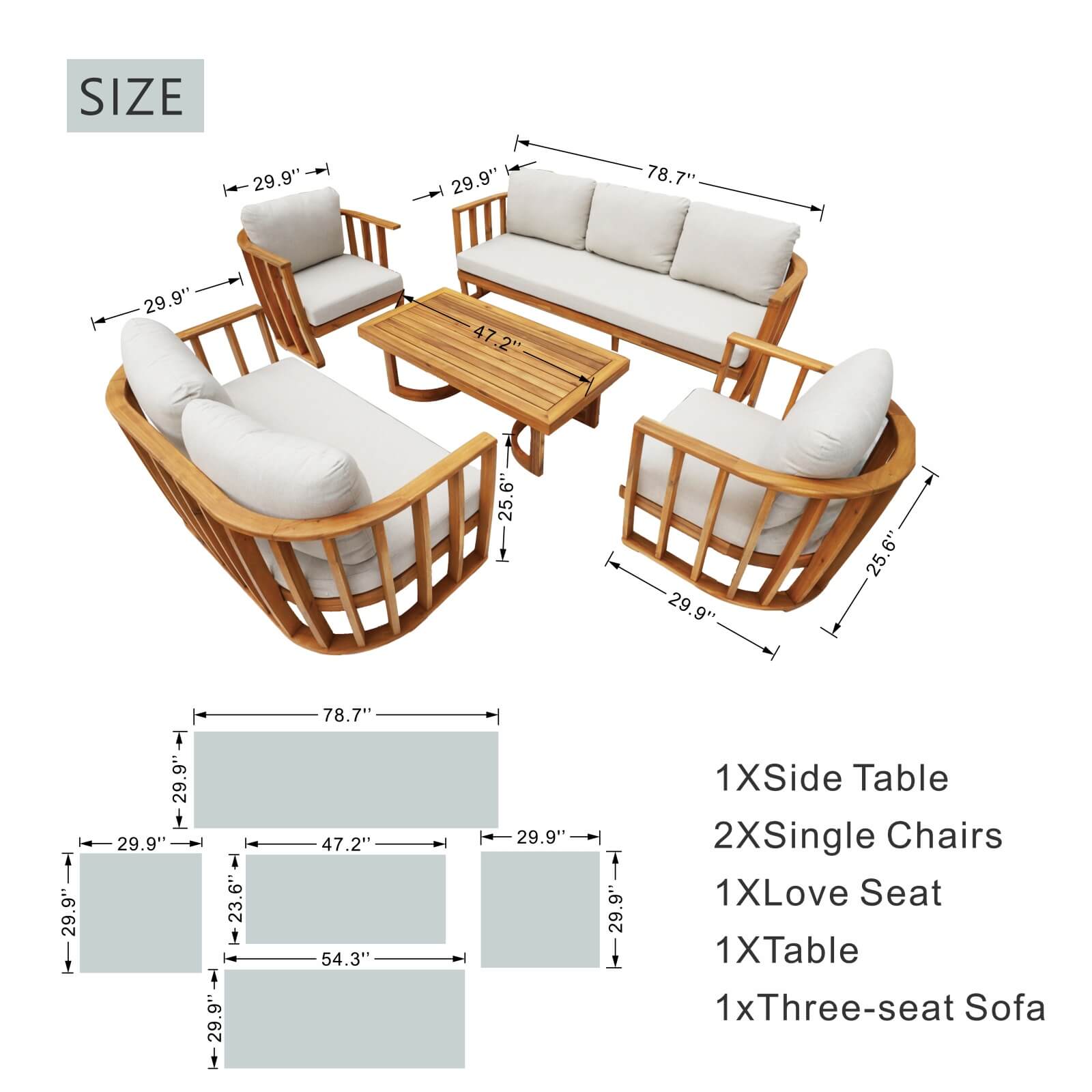 5-Piece Acacia Wood Outdoor Sofa Set with Cushions(PAS-2521-19F-3SS+2SS+SS*2+TA) - Abrihome