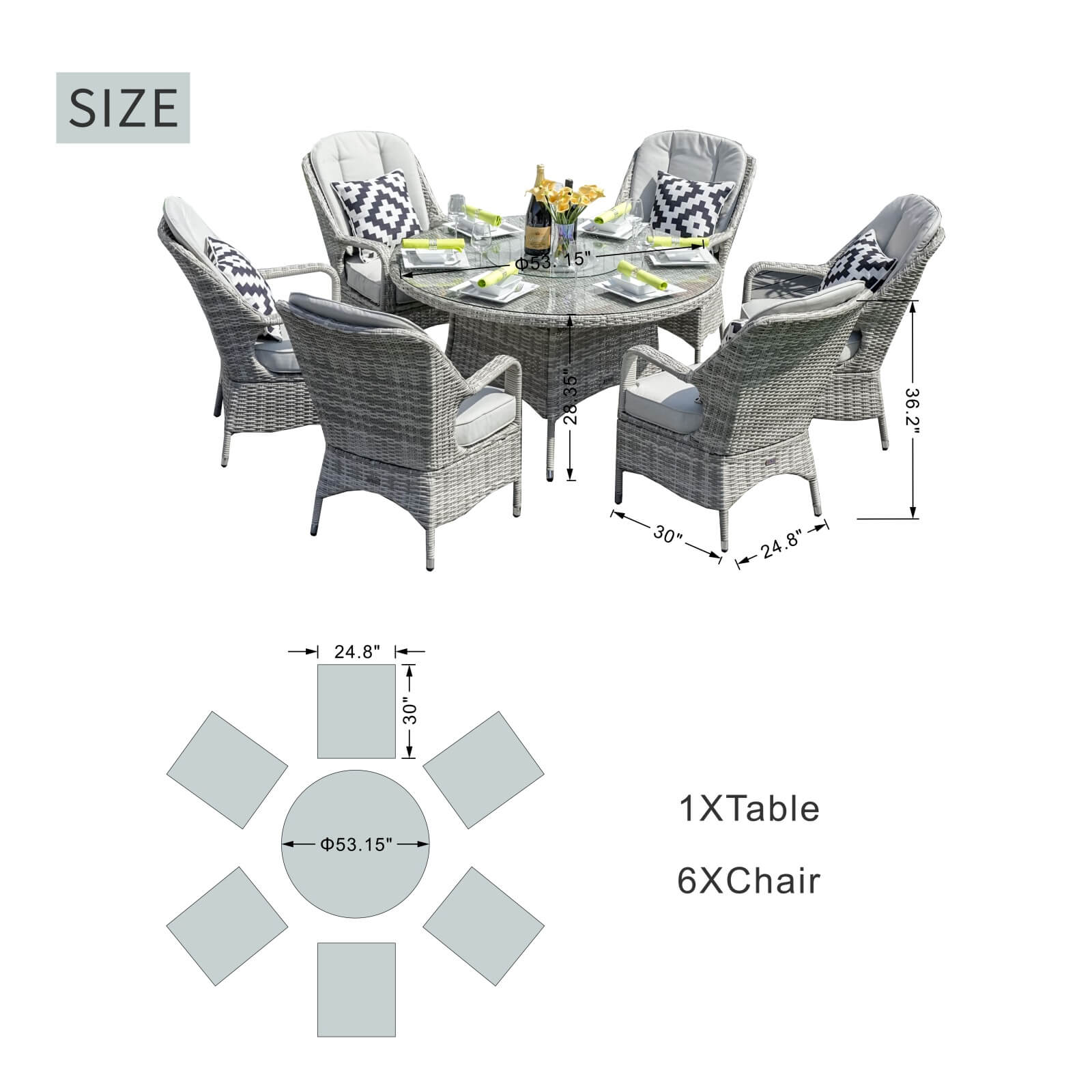 6-Seat Outdoor Dining Set featuring a Round Dining Table with Glass Turntable(PAD-1711-SET) - Abrihome