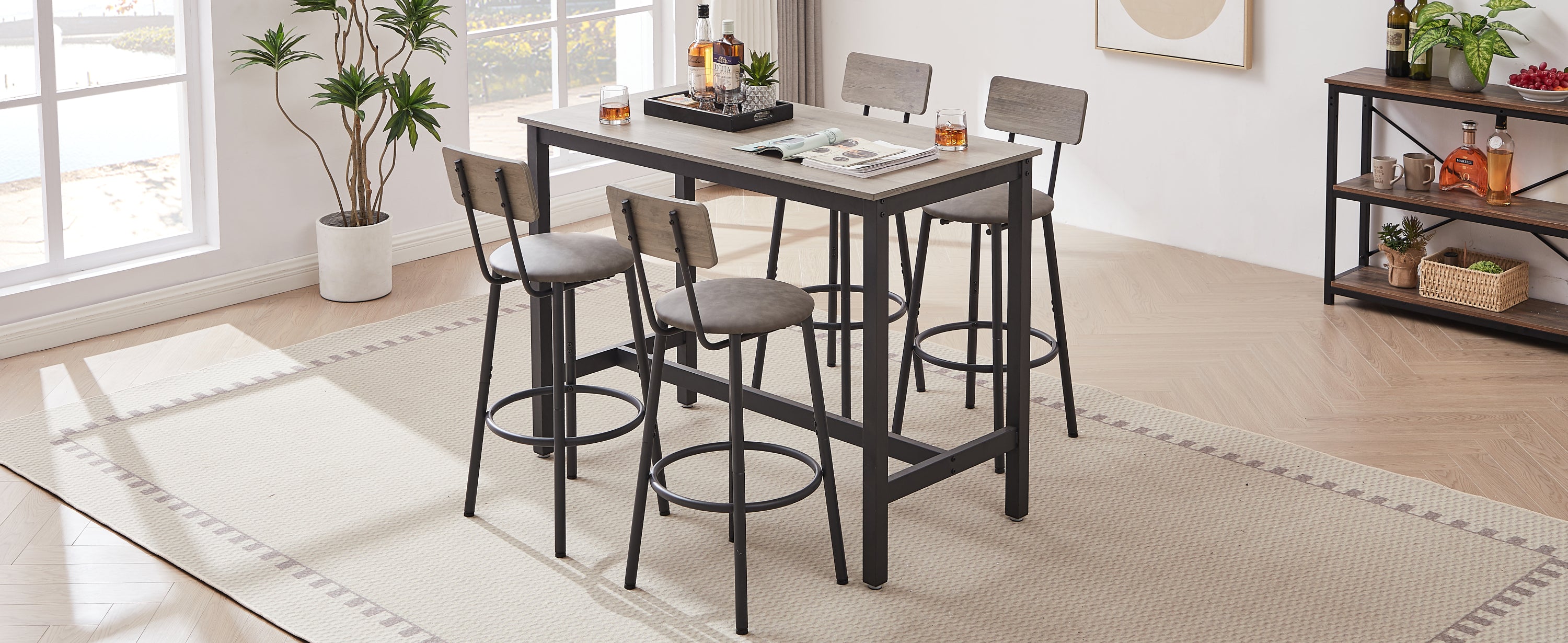 Bar Table Set with 4 Bar stools PU Soft seat with backrest, Grey, 47.24'' L x 23.62'' W x 35.43'' H - Abrihome