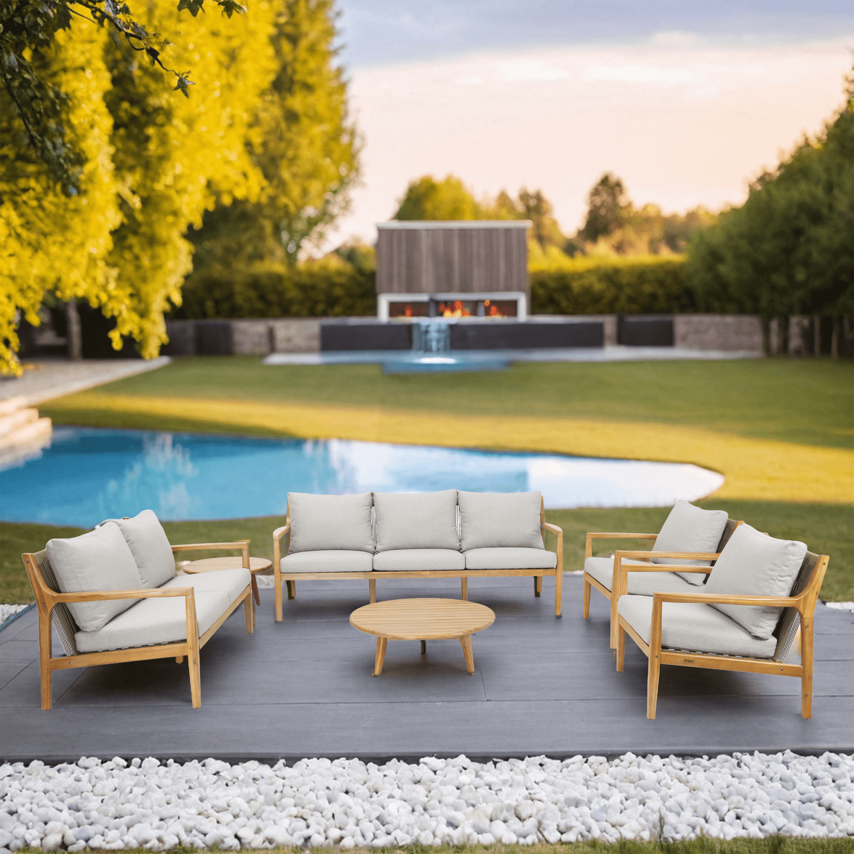 Natural Acacia Wood Outdoor Seating Set – 6-Piece Rustic Patio Sofa & Table Collection(PAS-2513-3SC+2SC+SC*2+TA+ST) - Abrihome