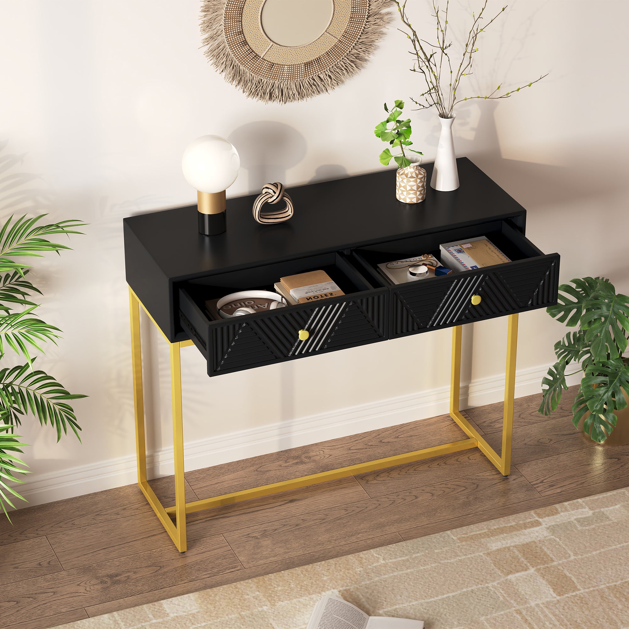TREXM Modern Sleek Console Table Two Drawers with Stripe Design for Living Room and Entryway (Black) - Abrihome
