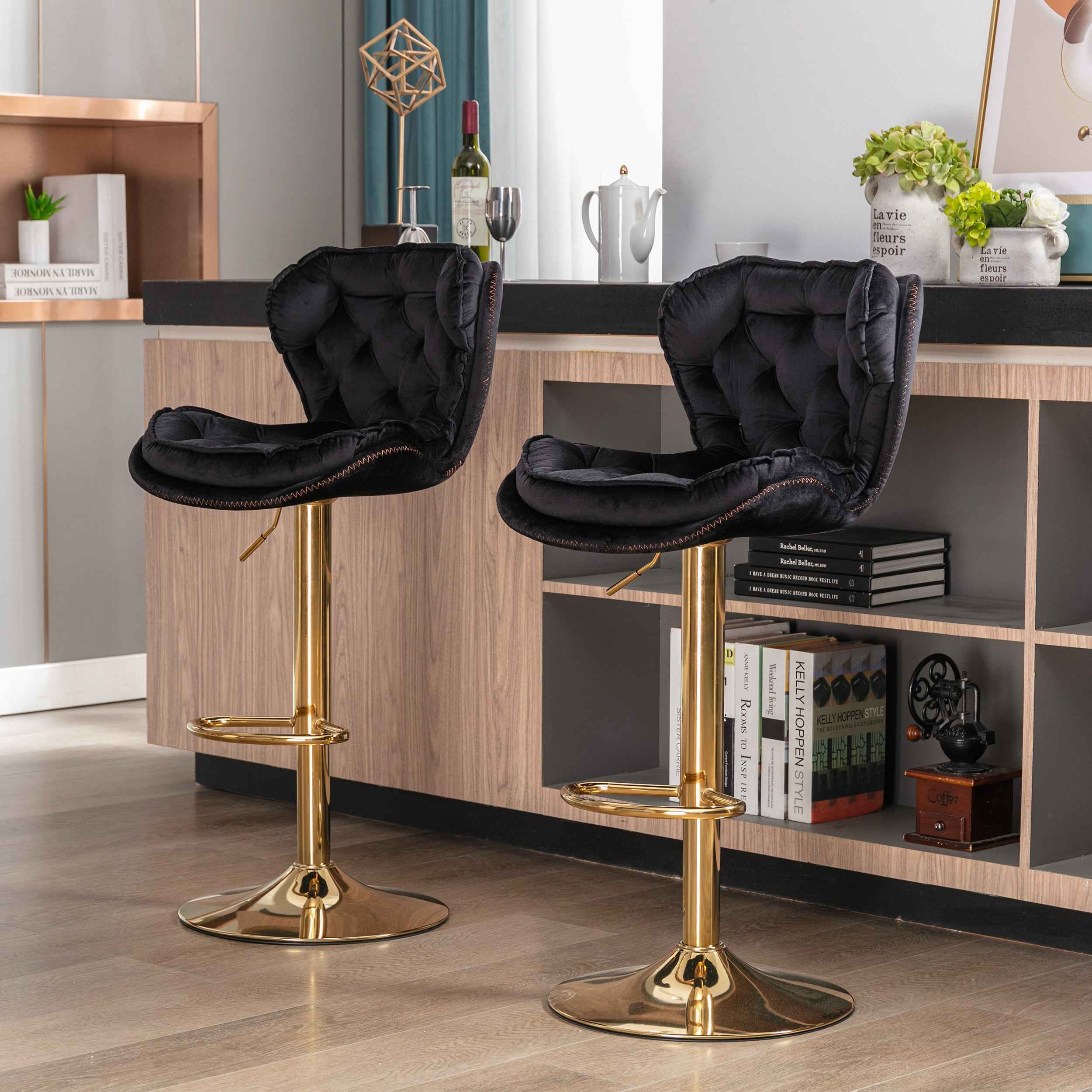 Set of 2 Bar Stools,with Chrome Footrest and Base Swivel Height Adjustable Mechanical Lifting Velvet + Golden Leg Simple Bar Stool-black