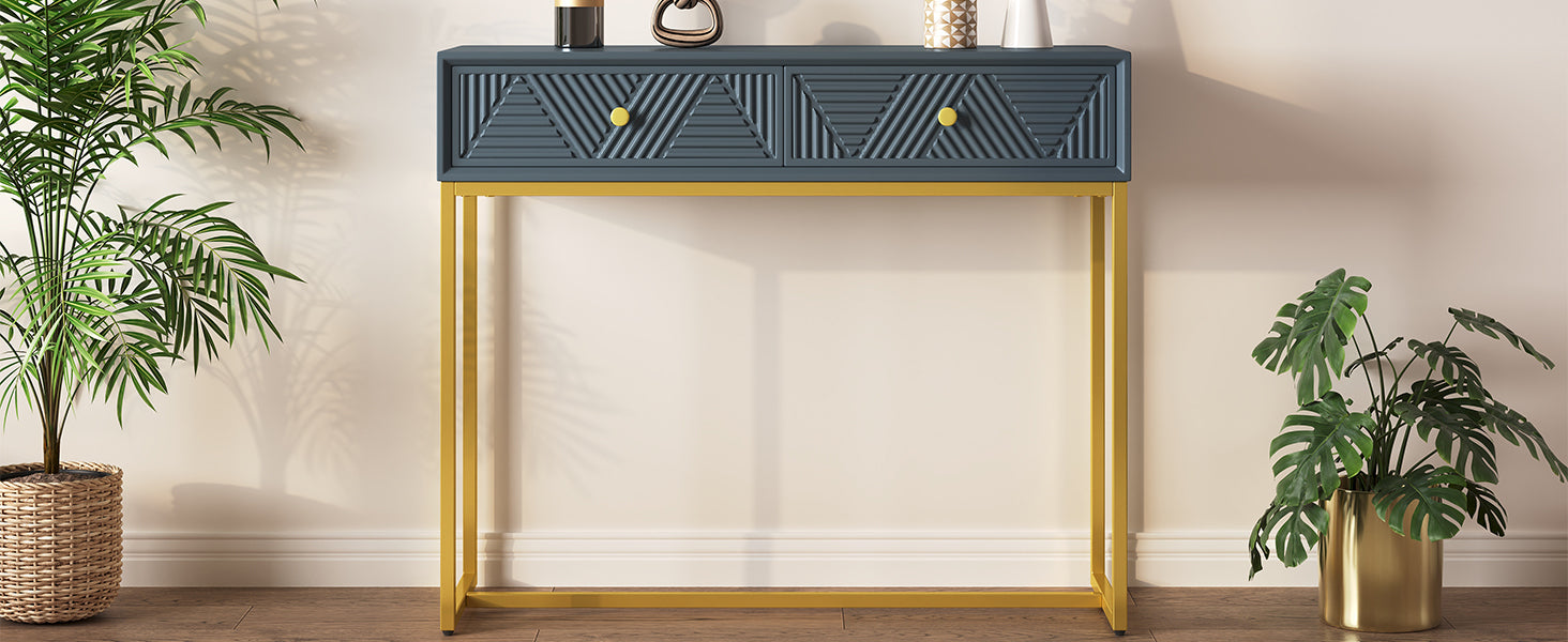 TREXM Modern Sleek Console Table Two Drawers with Stripe Design for Living Room and Entryway (Grey) - Abrihome