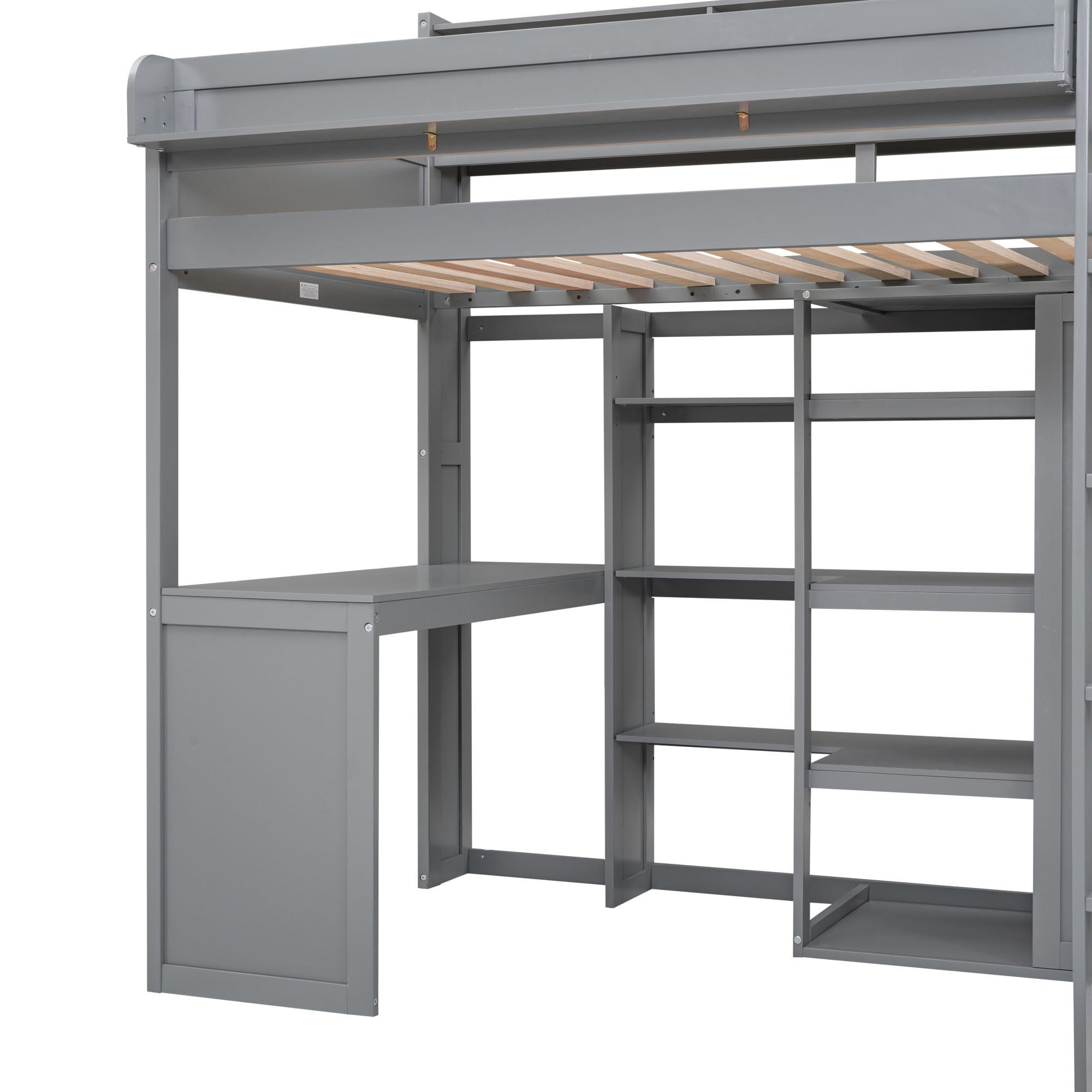 Wood Twin Size Loft bed with Multiple Storage Shelves and Wardrobe, Gray - Abrihome