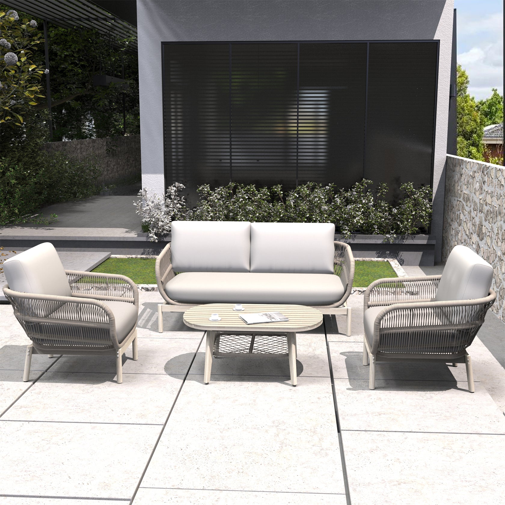 Woven Rope Acacia Wood Outdoor Chair & Bench Set (PAC-2524) - Abrihome