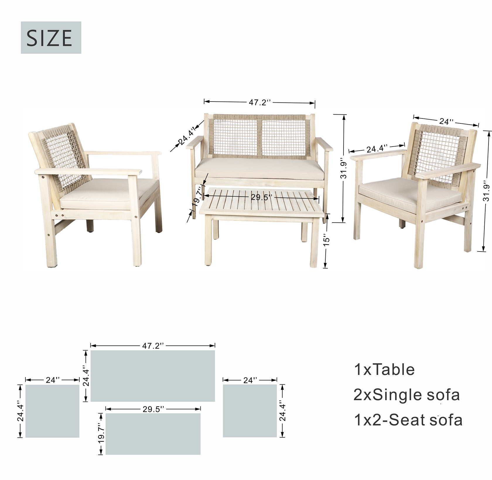 Comfort Outdoor Seating Set – Acacia Wood Frame with Rope Design & Cushions(PAC-2523) - Abrihome