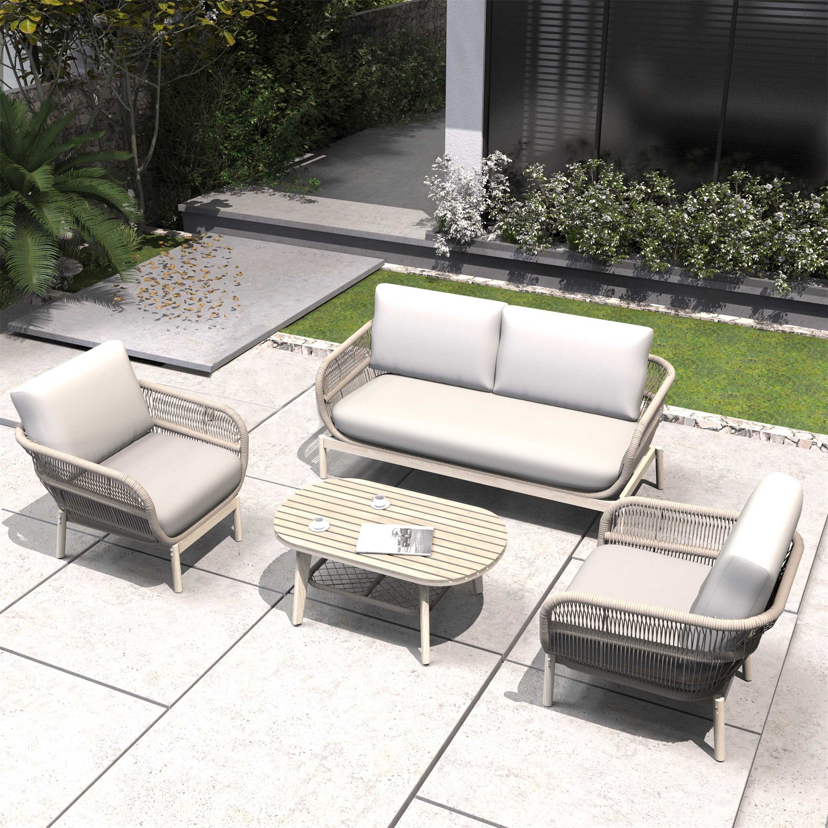 Woven Rope Acacia Wood Outdoor Chair & Bench Set (PAC-2524) - Abrihome