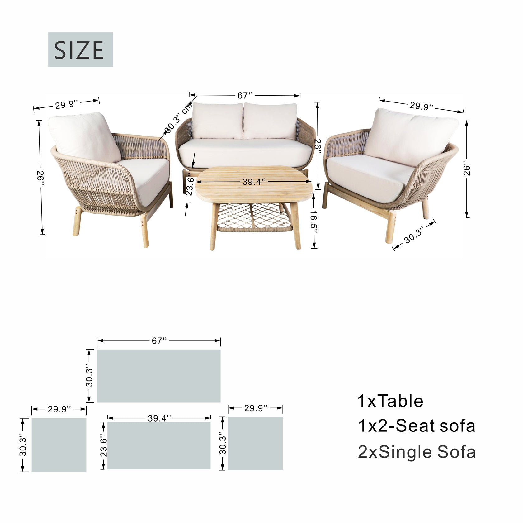 Woven Rope Acacia Wood Outdoor Chair & Bench Set (PAC-2524) - Abrihome