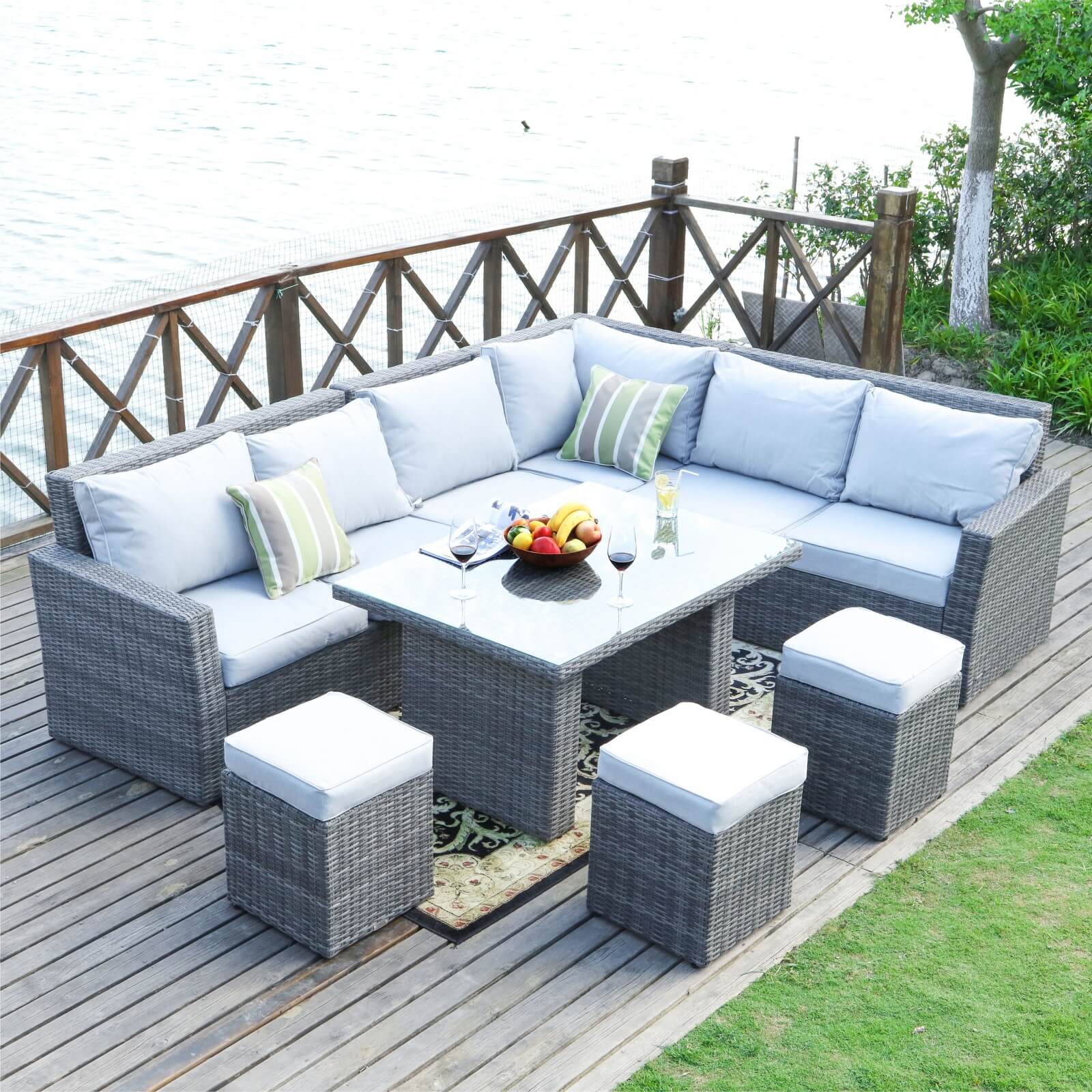 Outdoor Corner Sofa Set with Rectangular Dining Table and Ottoman(PAS-1403-SET)