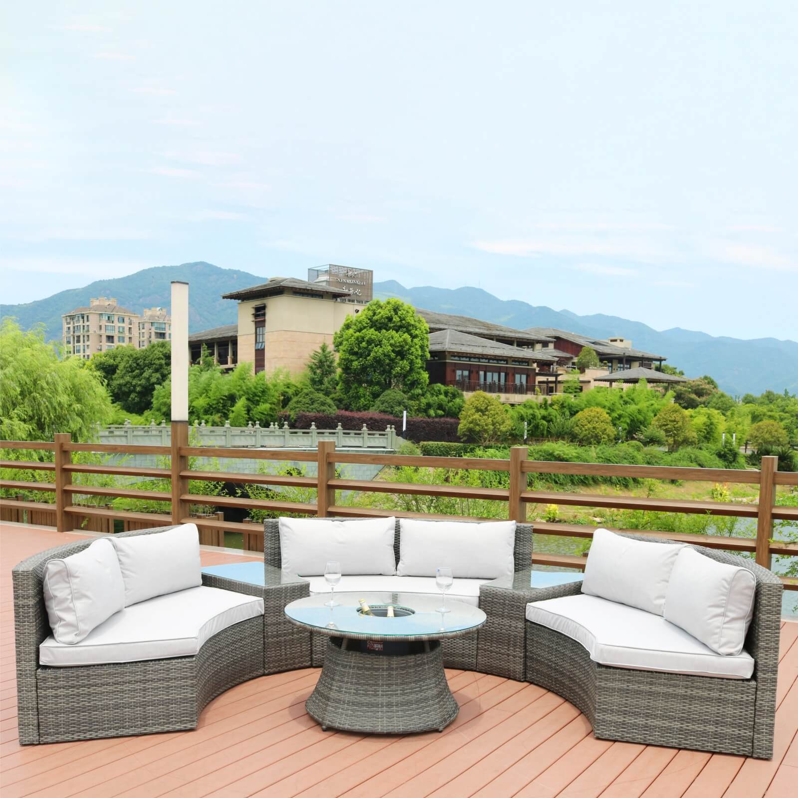 6-Piece Semi-Circular Outdoor Sofa Set with Round Coffee Table (PAS-1205B) - Abrihome