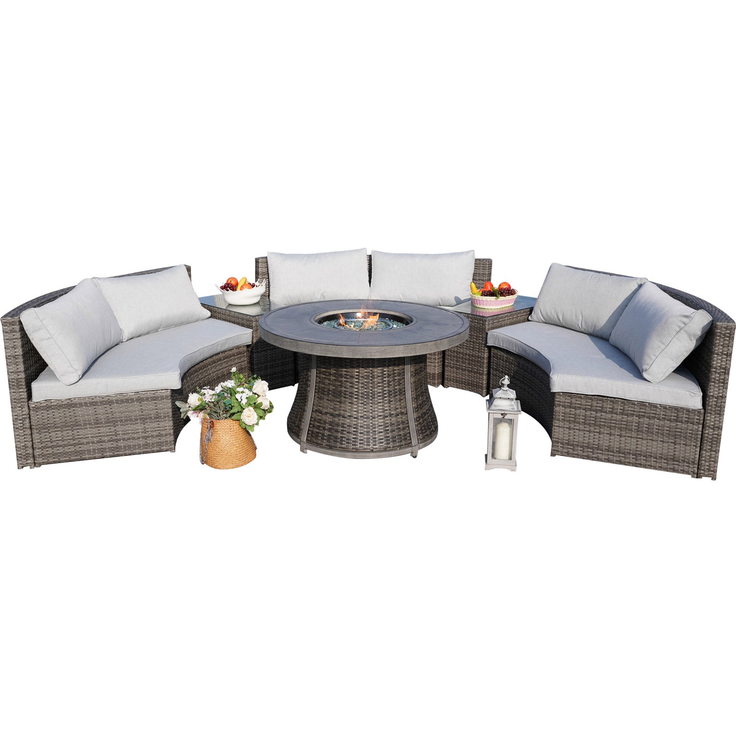 Abrihome Jessica 6 Piece Rattan Sectional Fire Table Set with Cushions