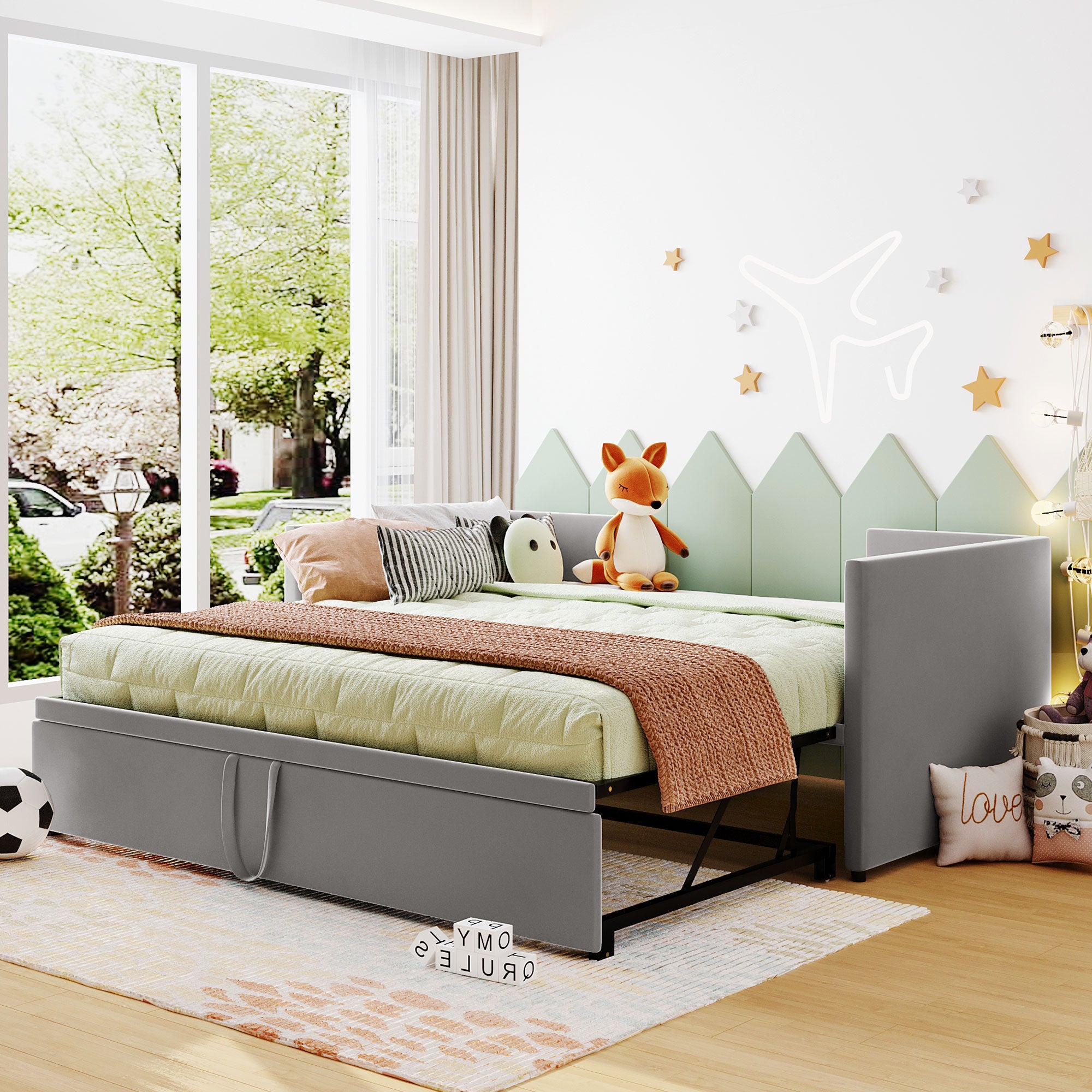 Twin Size Upholstered daybed with Pop Up Trundle, Gray - Abrihome