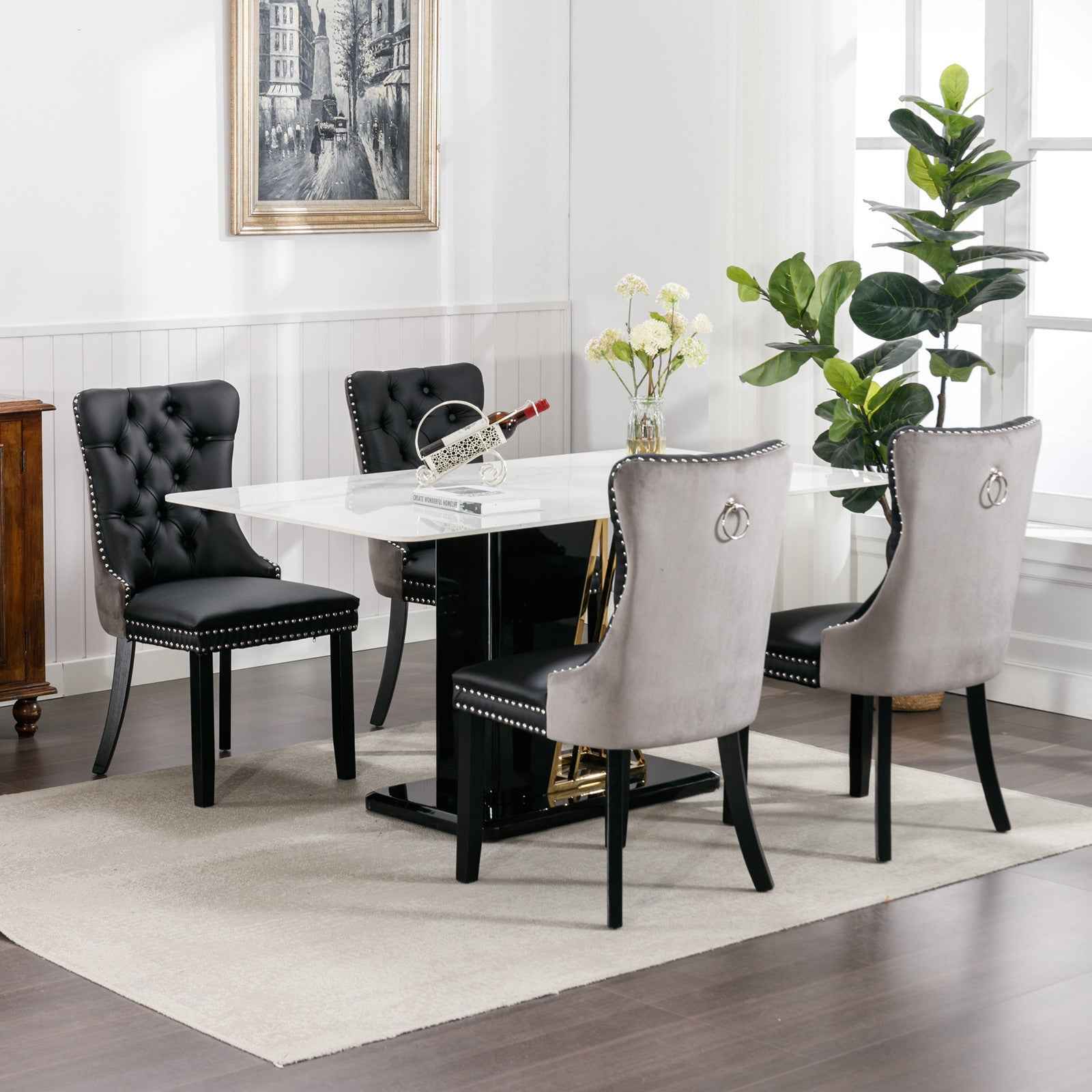 A&A Furniture,Nikki Collection Modern, High-end Tufted Solid Wood Contemporary PU and Velvet Upholstered Dining Chair with Wood Legs Nailhead Trim 2-Pcs Set,Black+Gray, SW2101BG