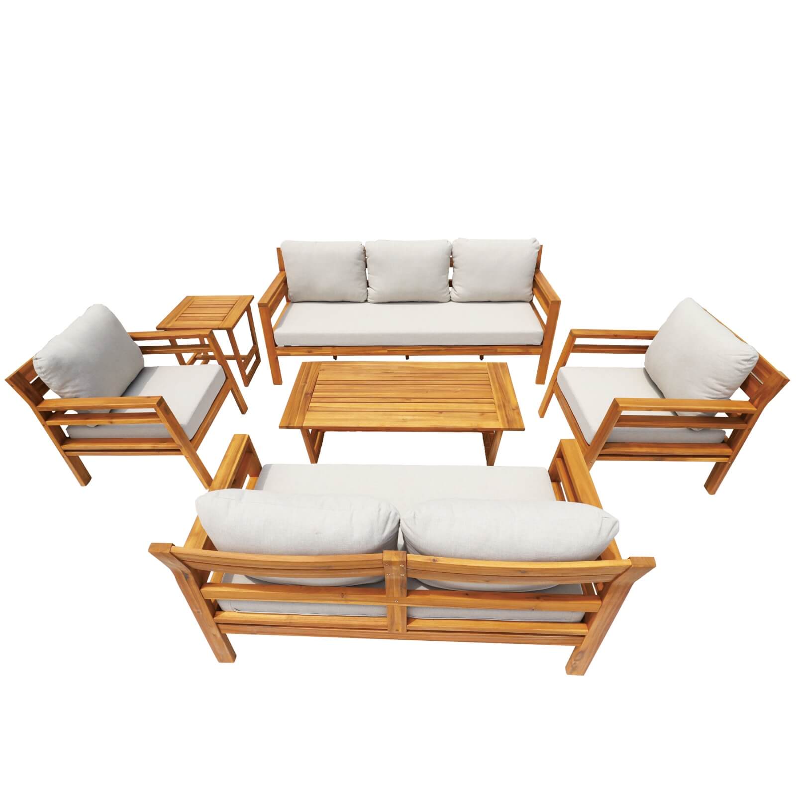 7-Piece Acacia Wood Outdoor Set – Teak Sofas & Tables with Cushions(PAS-2520-19F-3SS+2SS+SS*2+TA+ST) - Abrihome