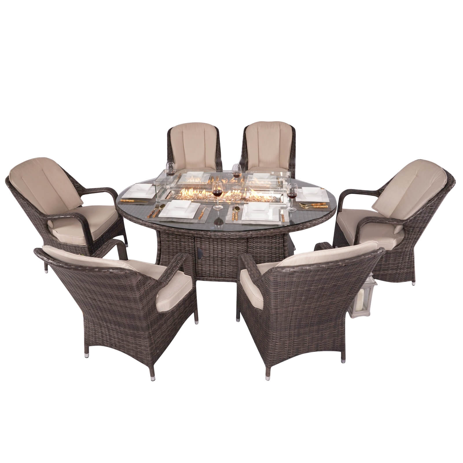 6-Seat Brown Outdoor Fire Pit Dining Set with Oval Gas Fire Pit Table(PAG-1106O-SET) - Abrihome
