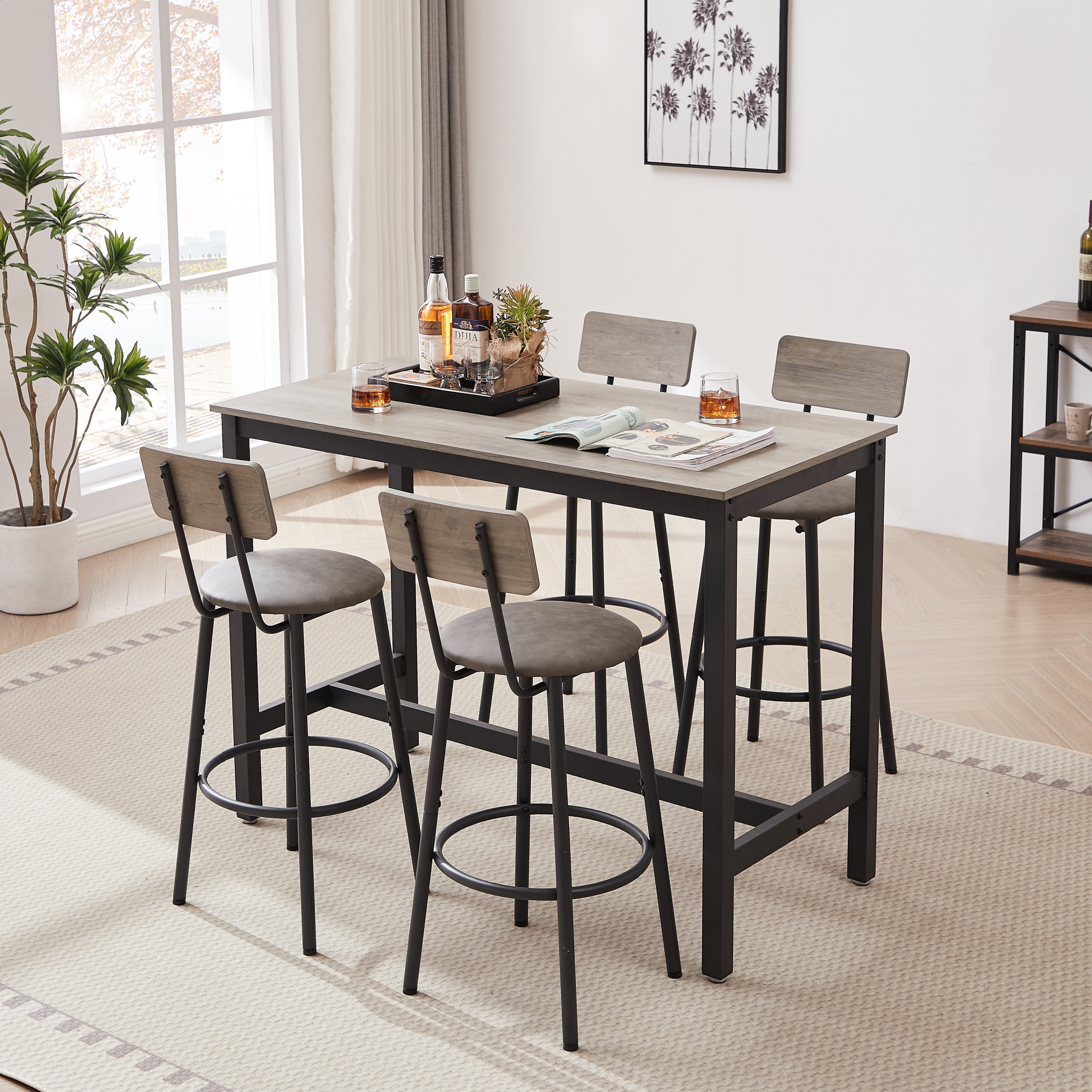 Bar Table Set with 4 Bar stools PU Soft seat with backrest, Grey, 47.24'' L x 23.62'' W x 35.43'' H - Abrihome