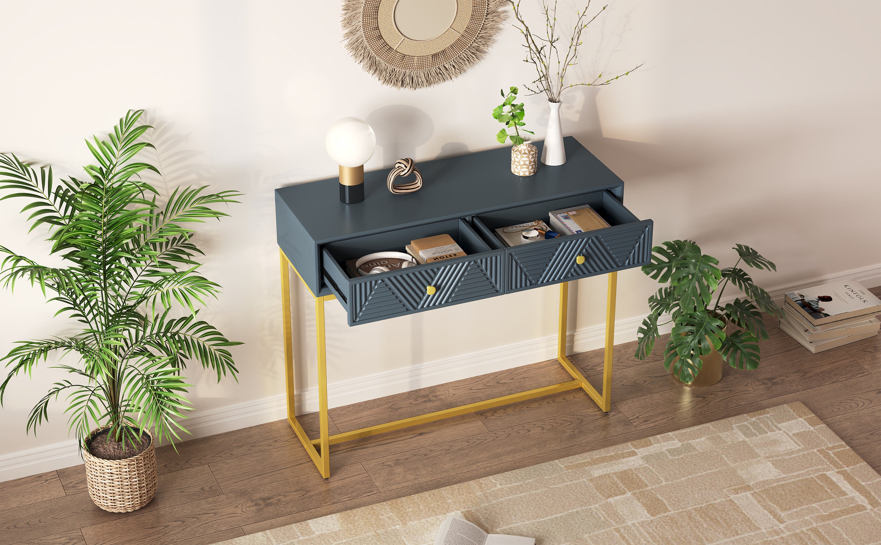 TREXM Modern Sleek Console Table Two Drawers with Stripe Design for Living Room and Entryway (Grey) - Abrihome