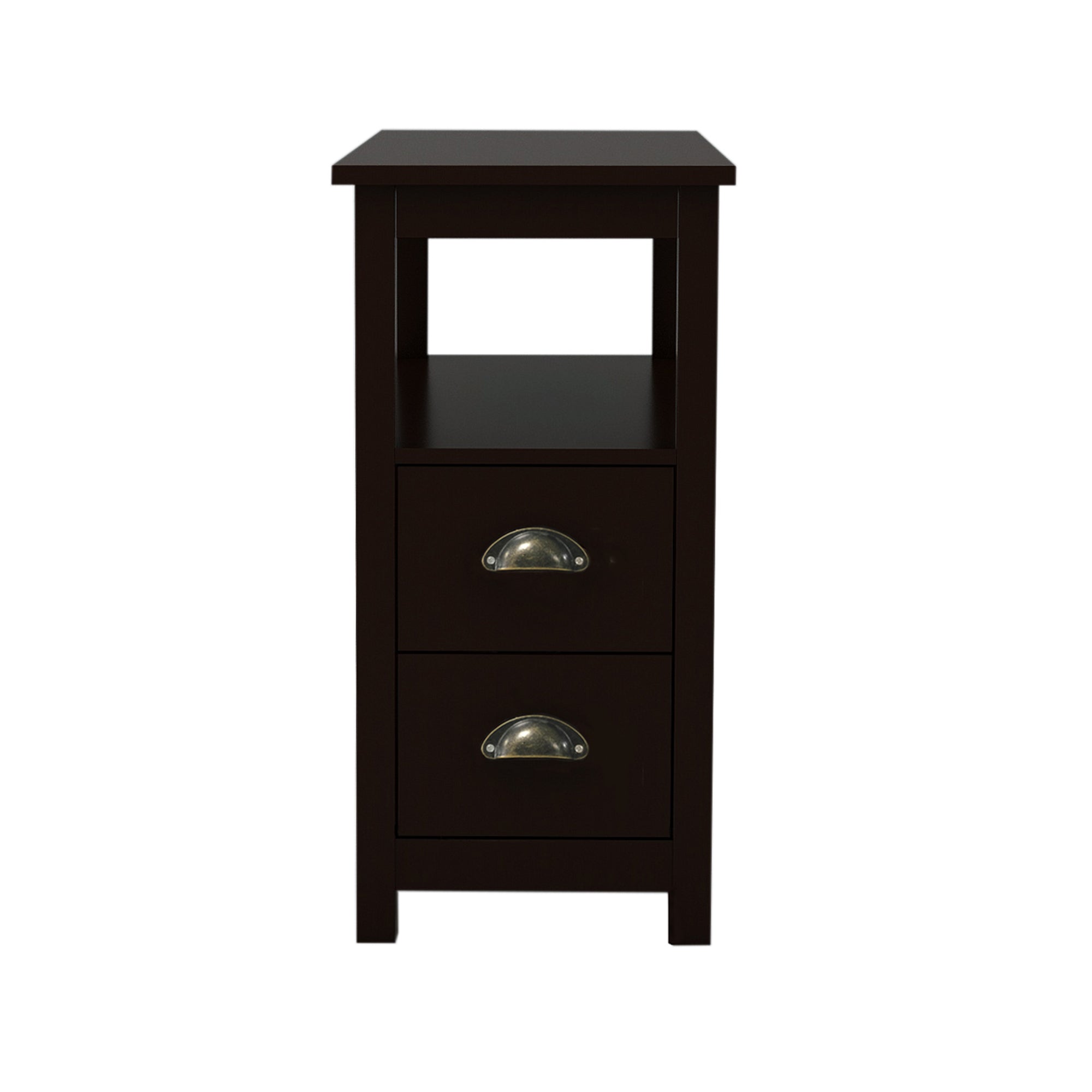 End Table Narrow Nightstand With Two Drawers And Open Shelf-Brown - Abrihome