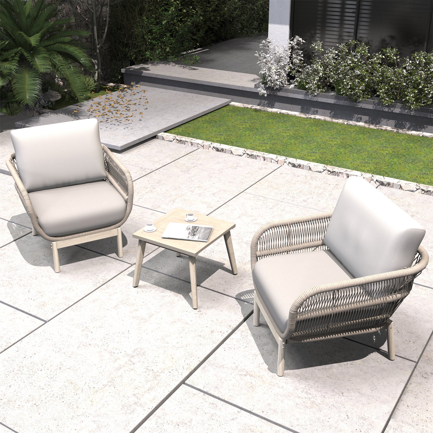 Woven Rope Acacia Wood Outdoor Chair & Bench Set (PAC-2524) - Abrihome