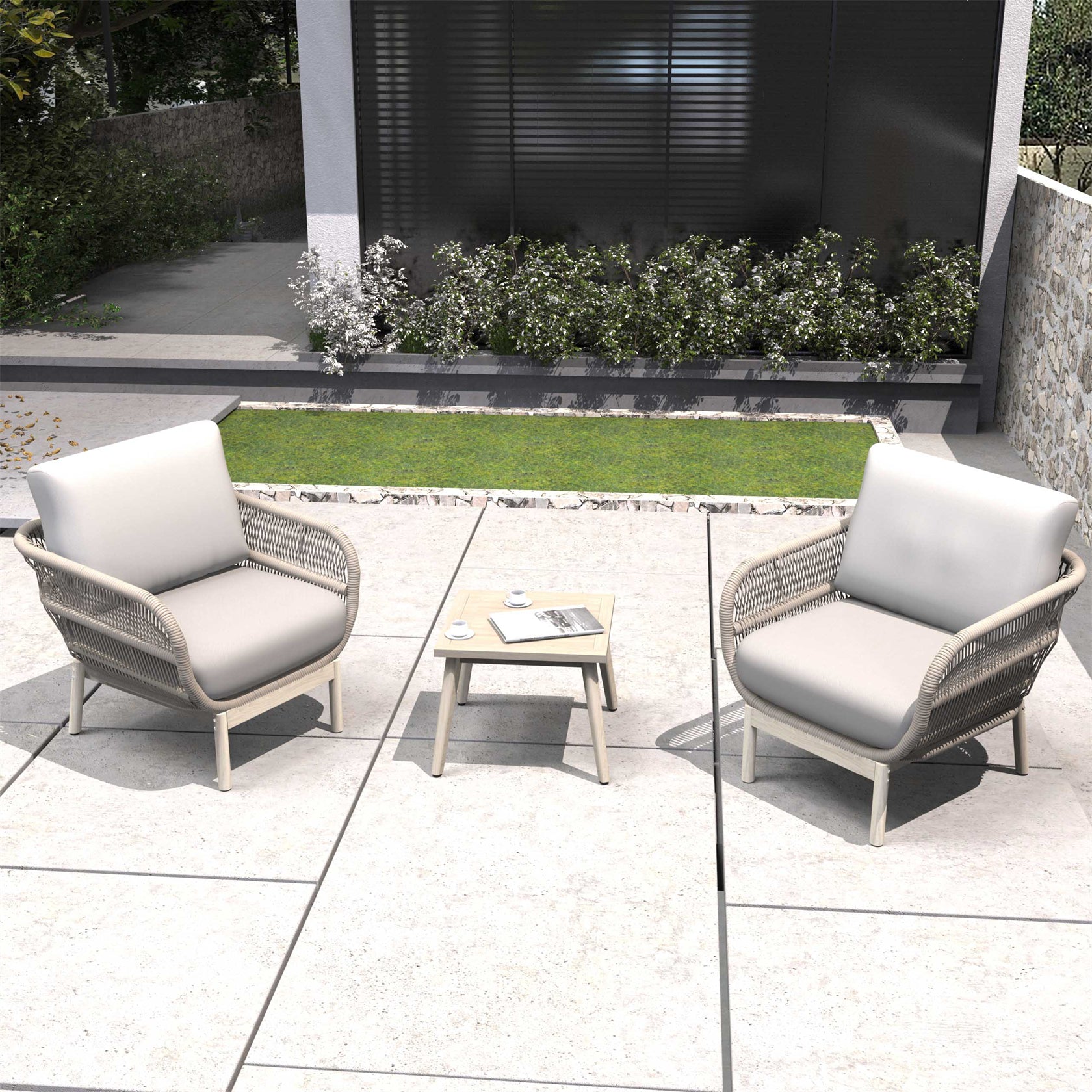 Woven Rope Acacia Wood Outdoor Chair & Bench Set (PAC-2524) - Abrihome